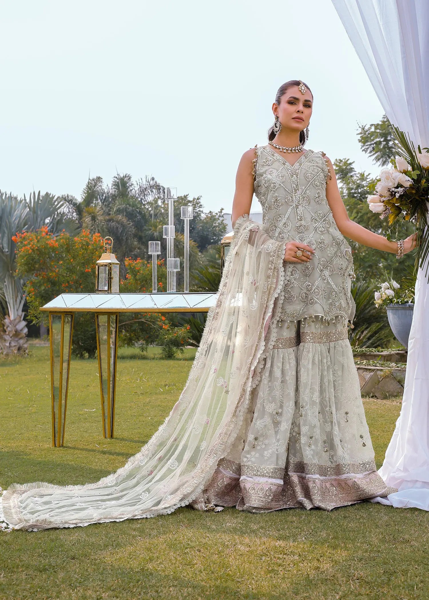 Ivory Shipshi Embellished Organza Sharara Set (3-Piece) - Image 1