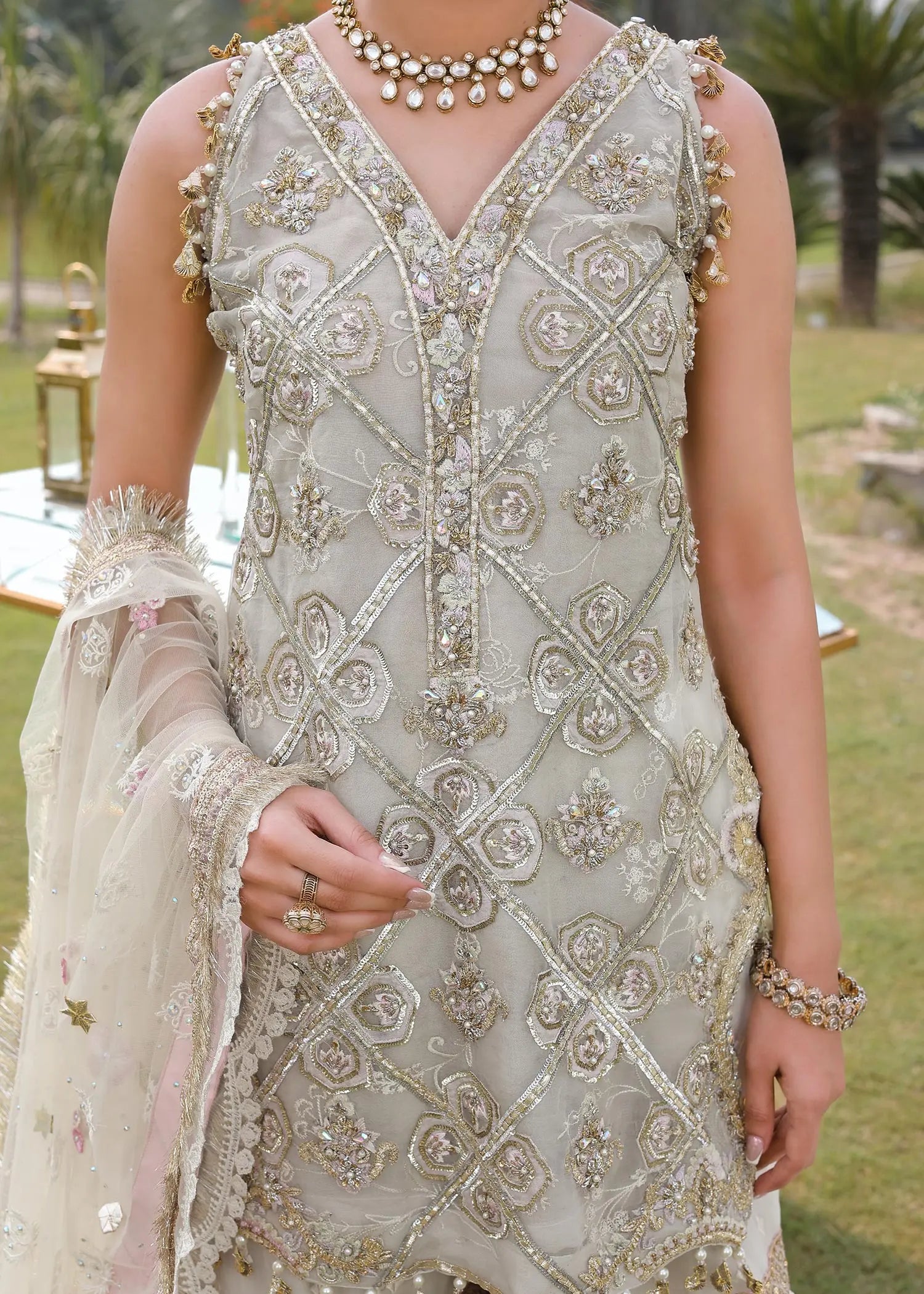 Ivory Shipshi Embellished Organza Sharara Set (3-Piece) - Image 2