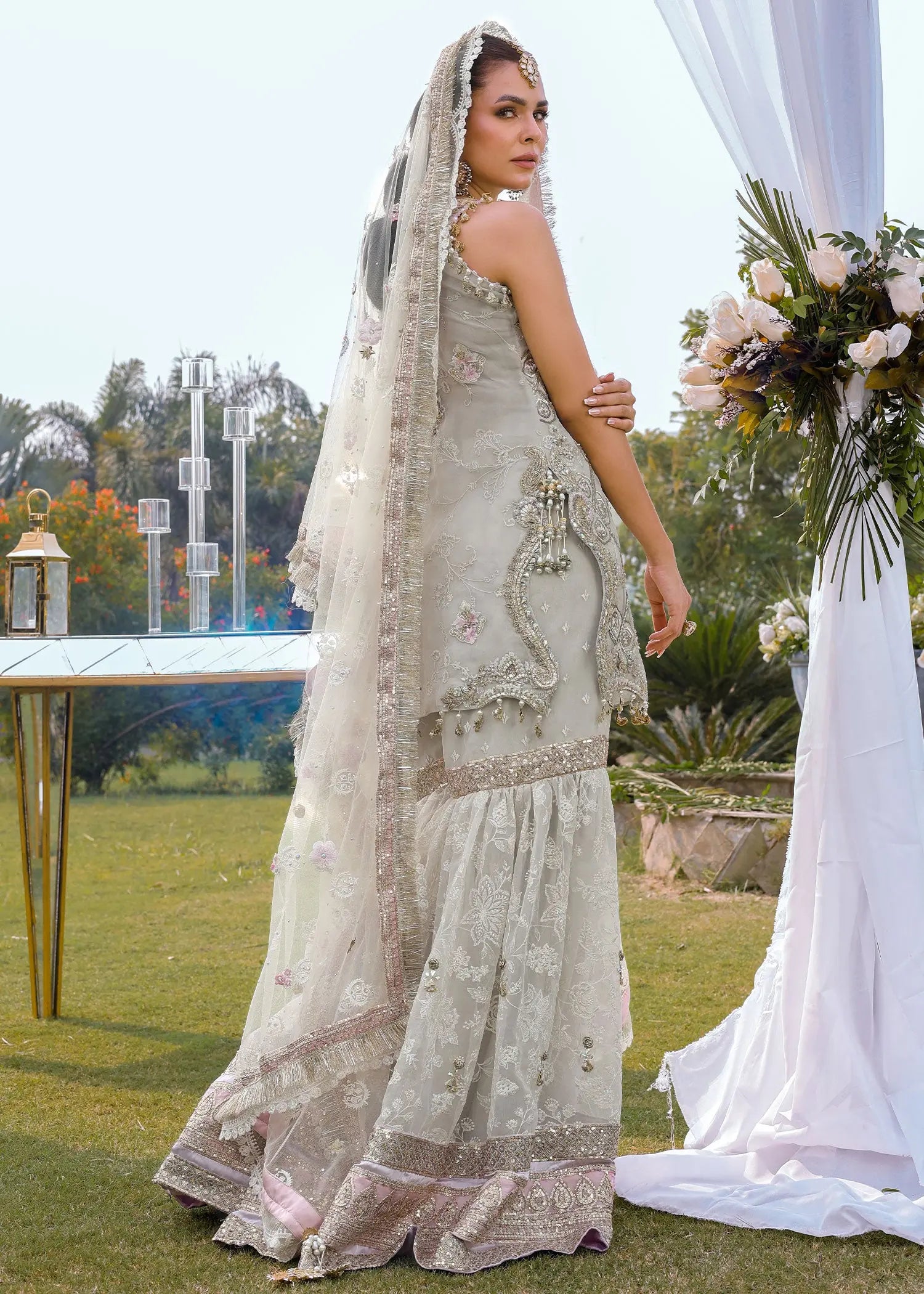 Ivory Shipshi Embellished Organza Sharara Set (3-Piece) - Image 3