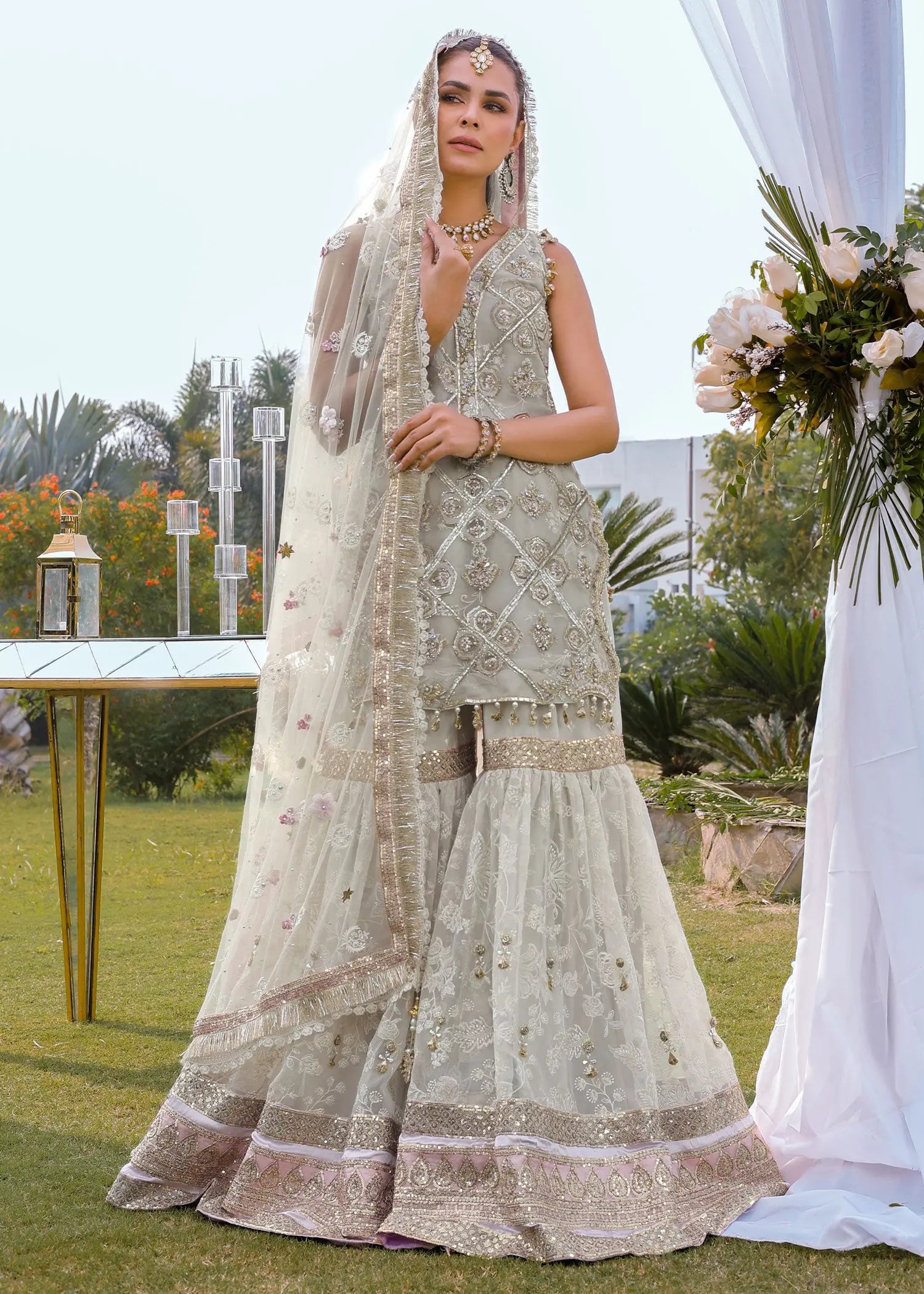 Ivory Shipshi Embellished Organza Sharara Set (3-Piece) - Image 5