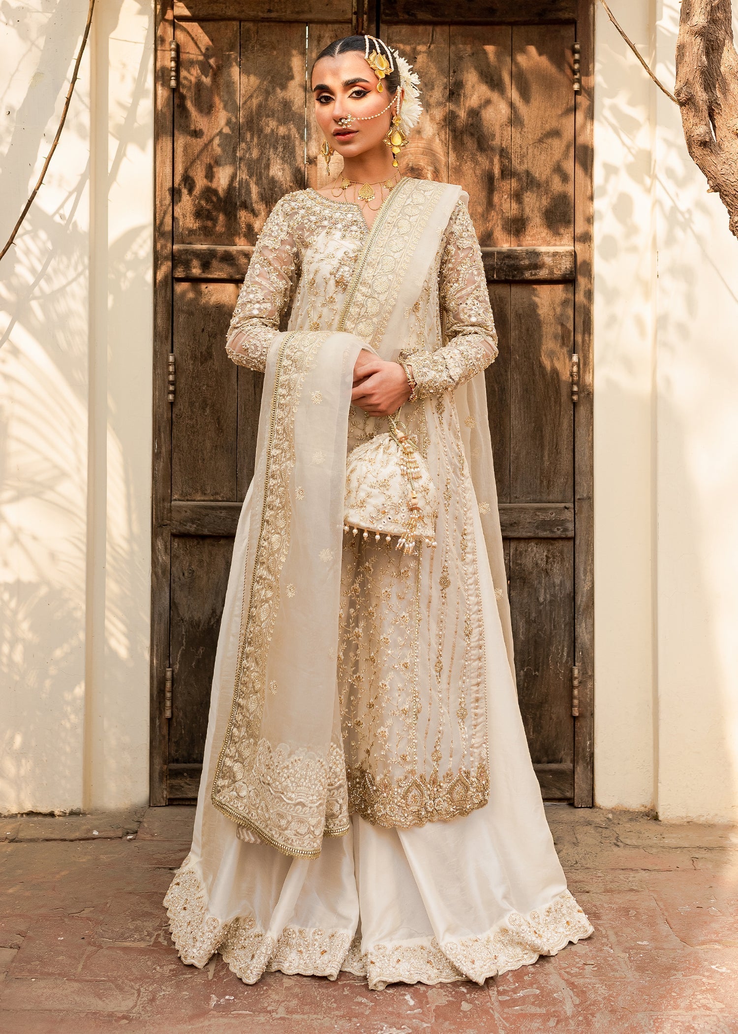 Ivory Gold Embroidered Organza Sharara (3-Piece) - Image 2