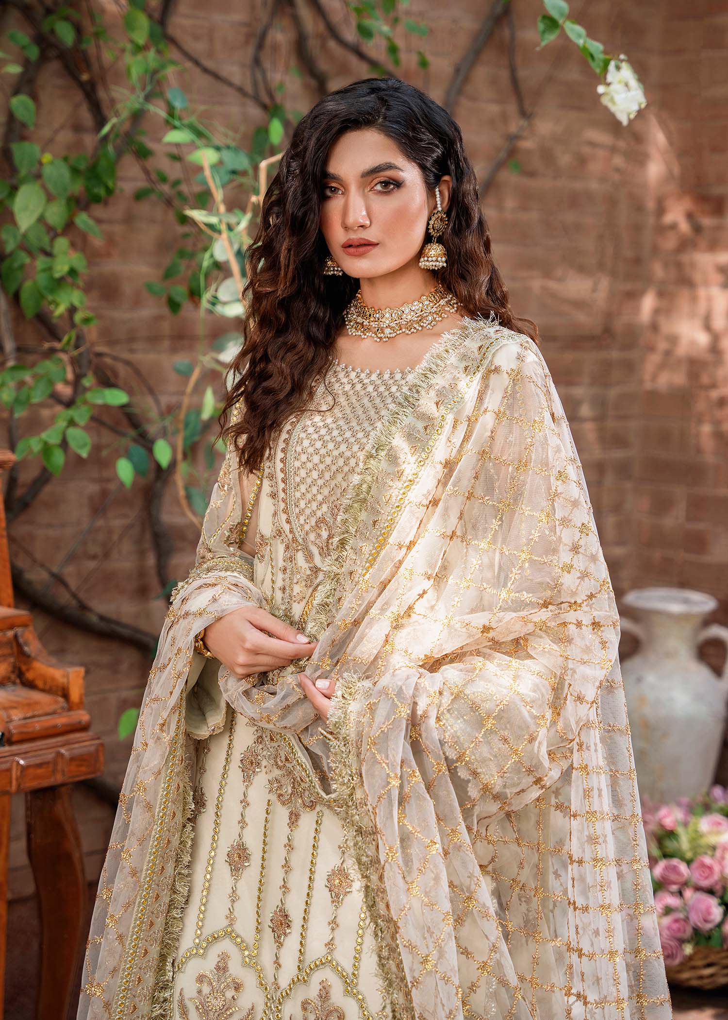 Ivory Embroidered Net & Organza Sharara (3-Piece) - Image 2
