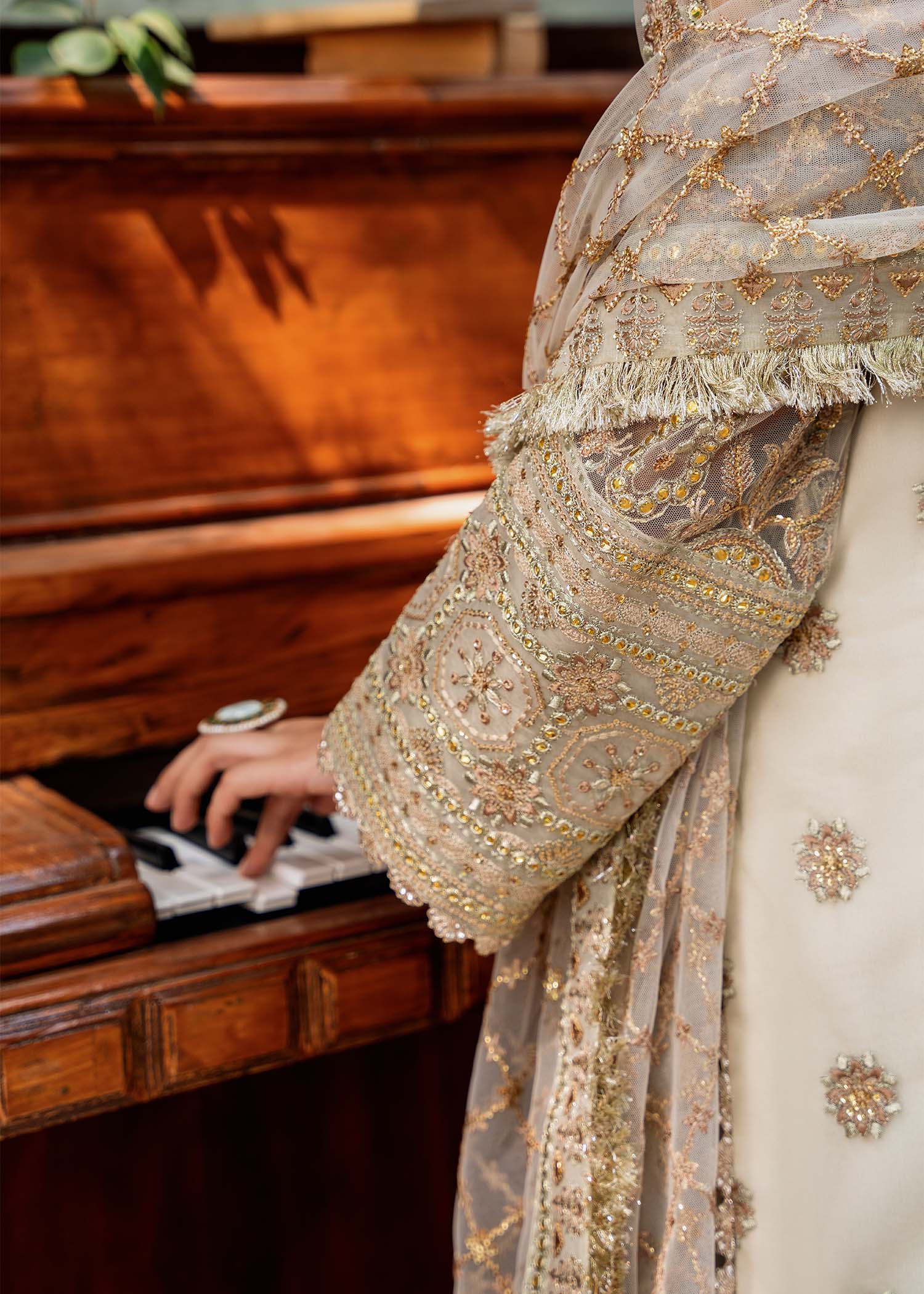 Ivory Embroidered Net & Organza Sharara (3-Piece) - Image 3