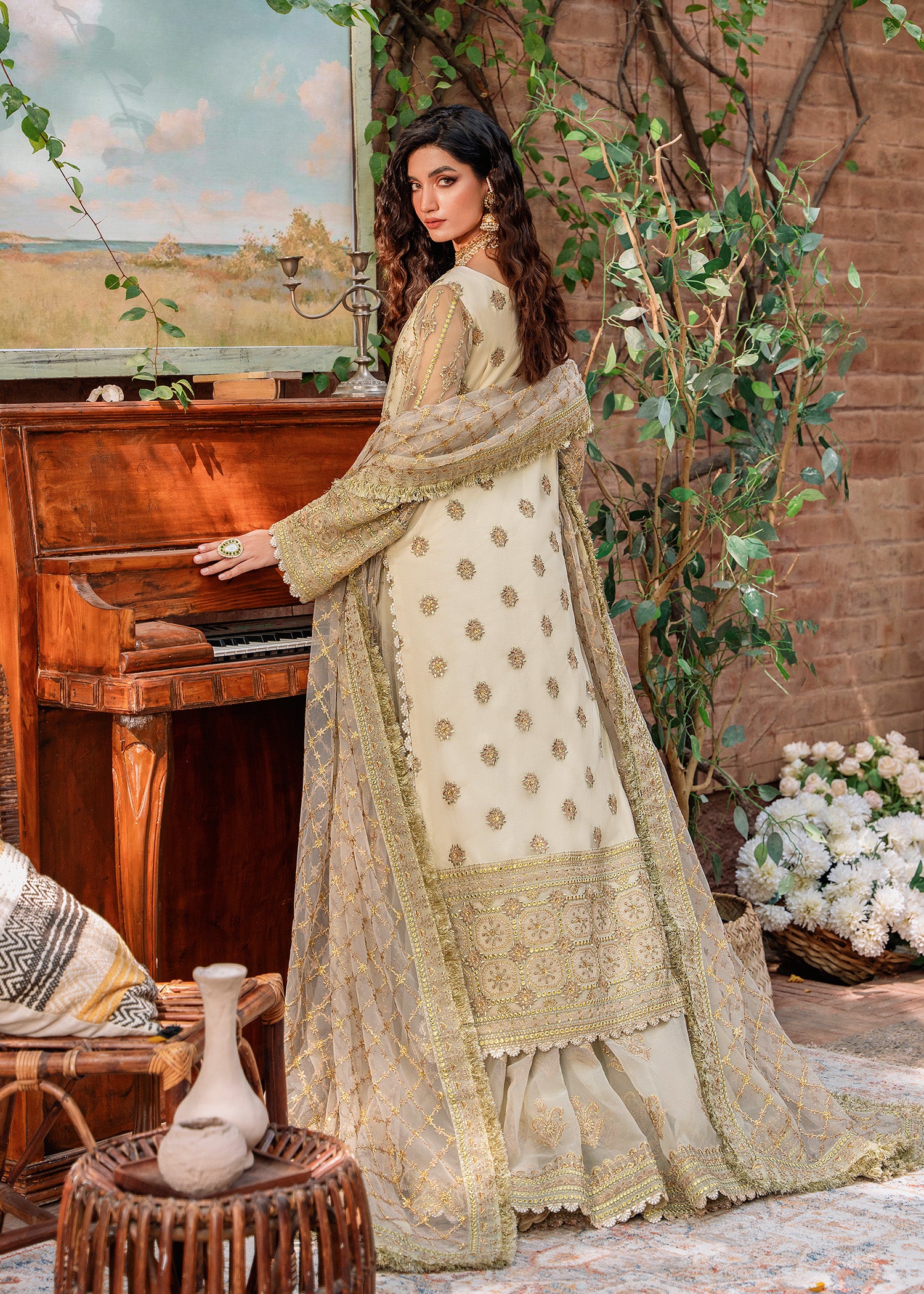 Ivory Embroidered Net & Organza Sharara (3-Piece) - Image 5