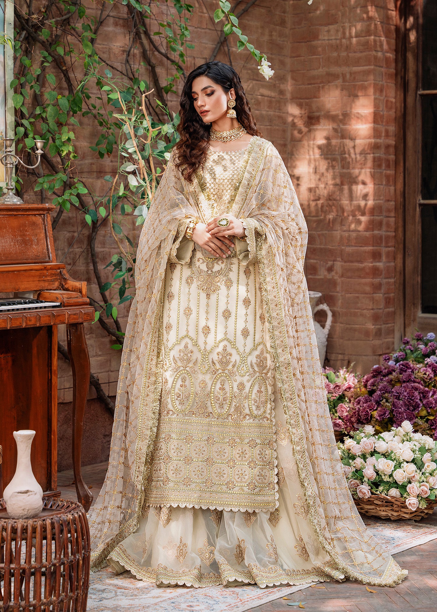 Ivory Embroidered Net & Organza Sharara (3-Piece) - Image 6