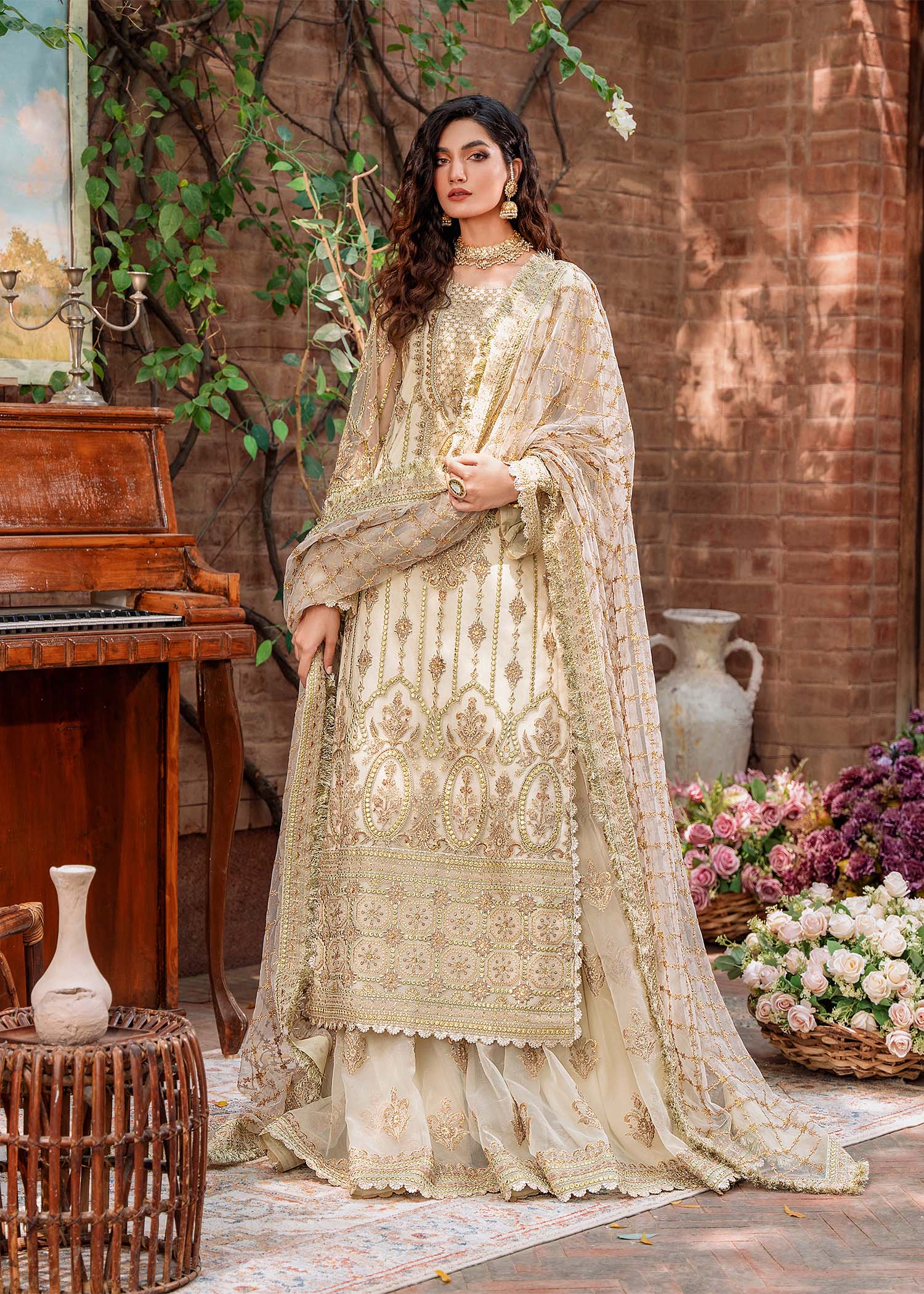 Ivory Embroidered Net & Organza Sharara (3-Piece) - Image 7