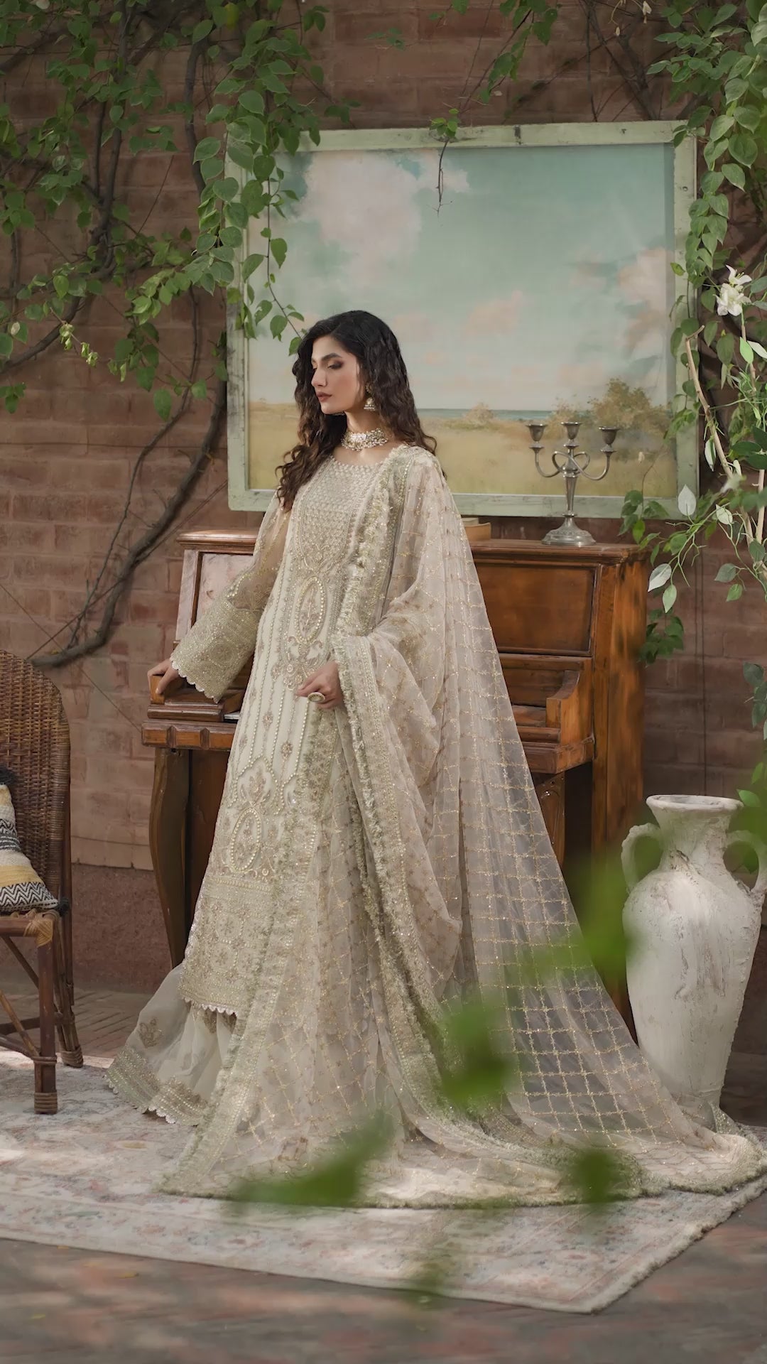 Ivory Embroidered Net & Organza Sharara (3-Piece) - Image 8