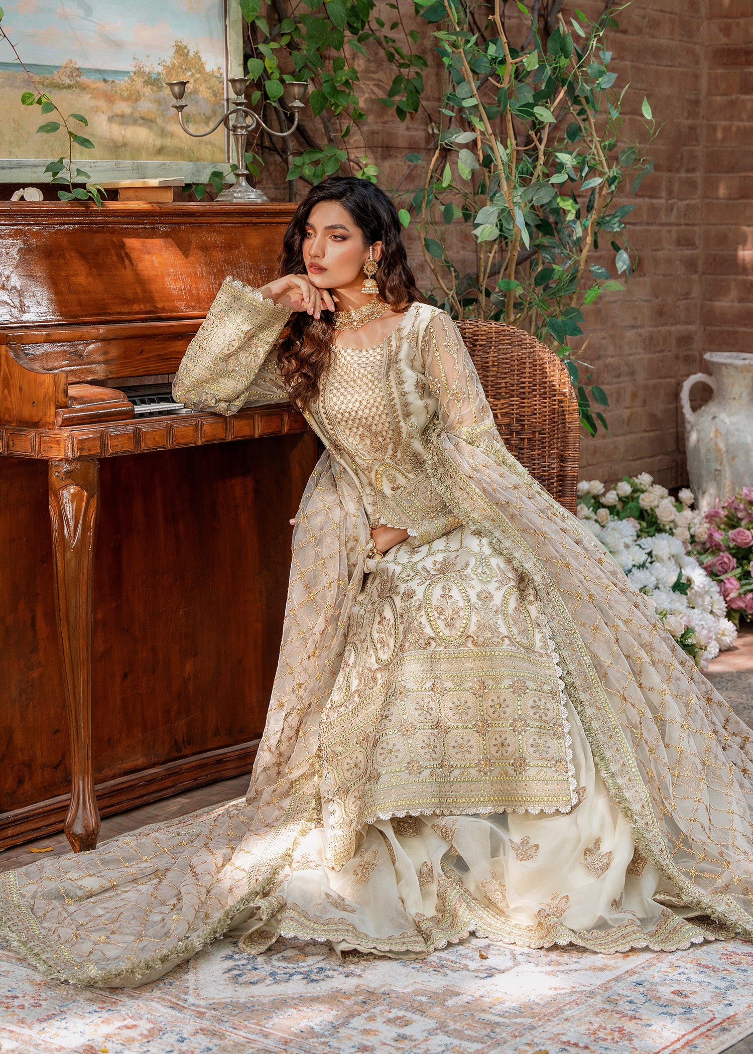 Ivory Embroidered Net & Organza Sharara (3-Piece) - Image 9