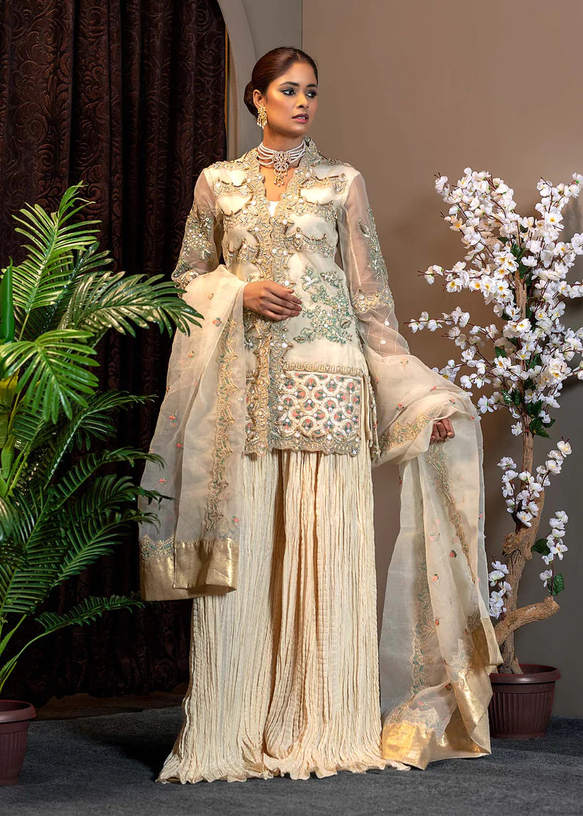 Pakistani Ivory Embroidered Organza Sharara Set (3-Piece) - Image 1