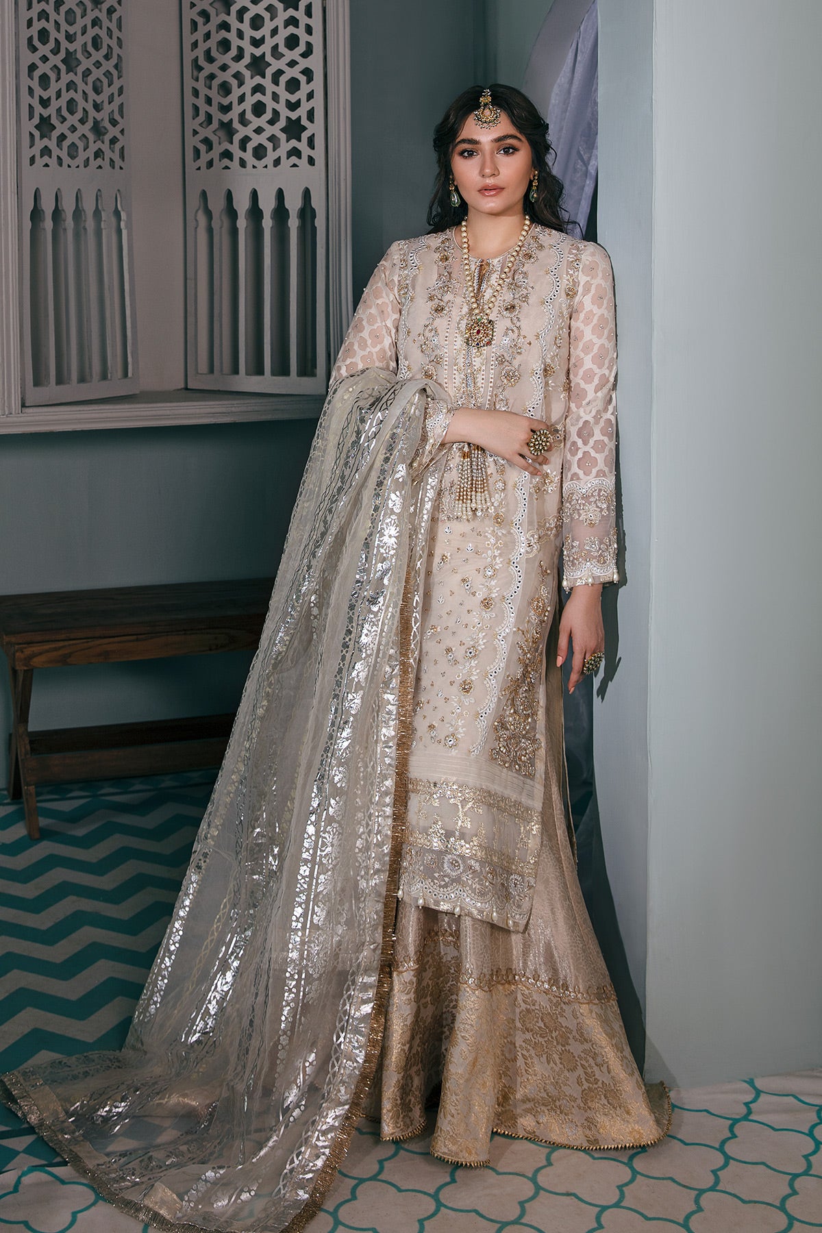 Pakistani Ivory Gold Zardozi Organza Jamawar Sharara (4-Piece) - Image 1