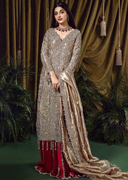 Ivory Embroidered Pure Tissue Long Shirt Sharara (3-Piece) - Image 2