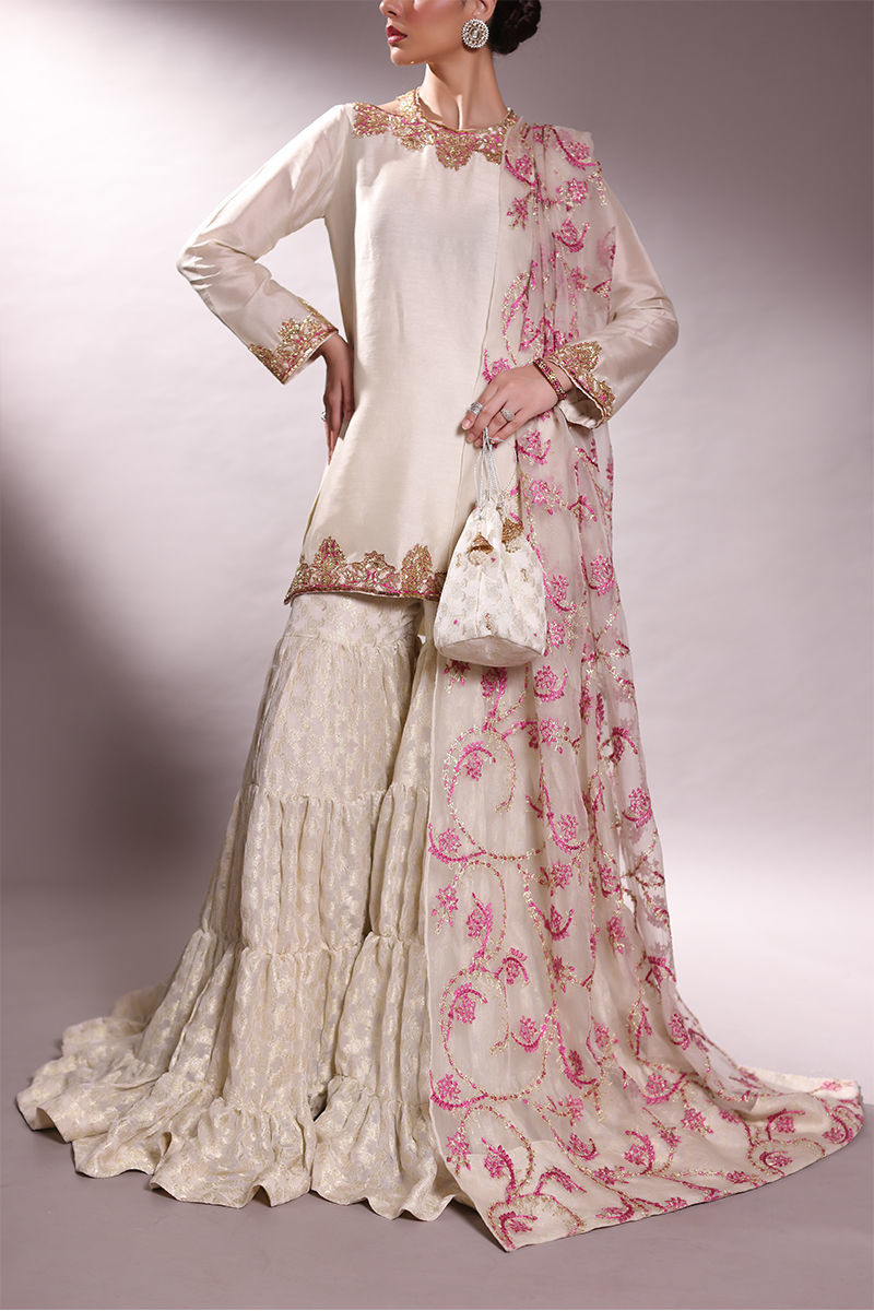 Pakistani Ivory Hand-Embellished Korean Raw Silk Sharara (3-Piece) - Image 1