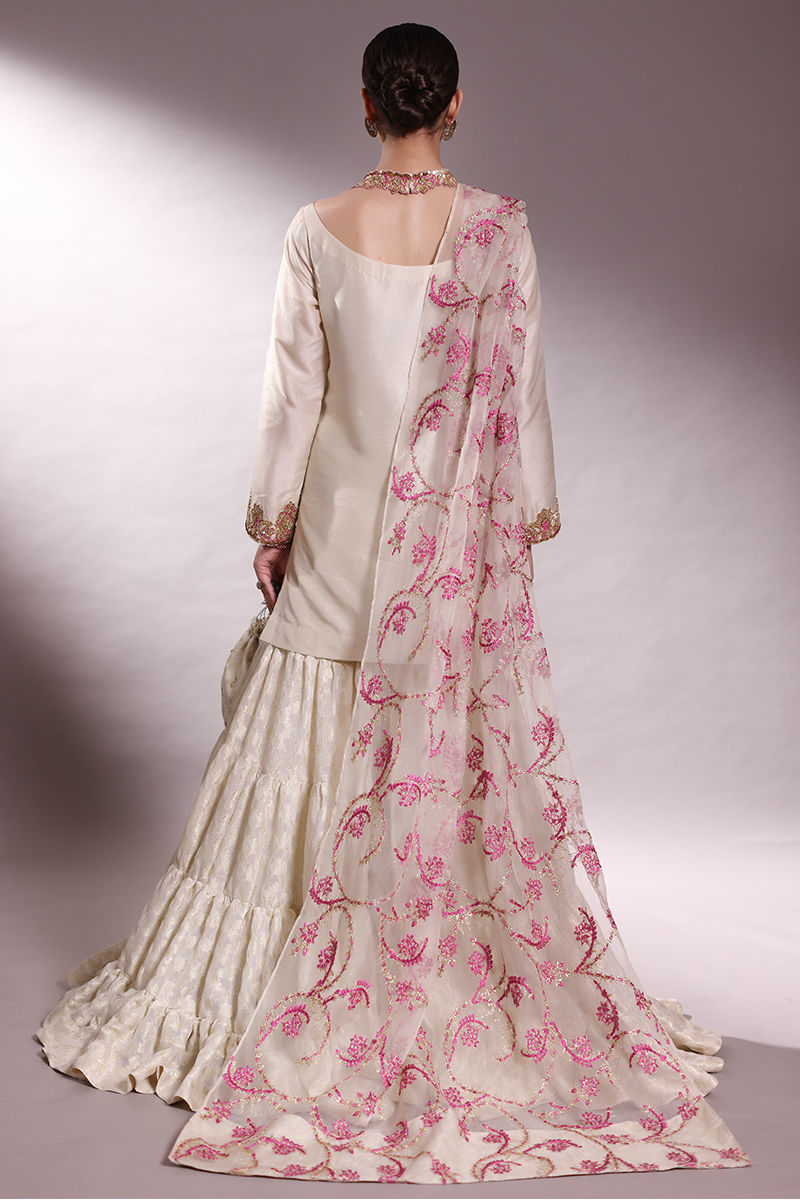Pakistani Ivory Hand-Embellished Korean Raw Silk Sharara (3-Piece) - Image 2
