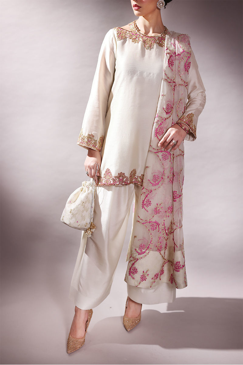 Pakistani Ivory Hand-Embellished Korean Raw Silk Sharara (3-Piece) - Image 3