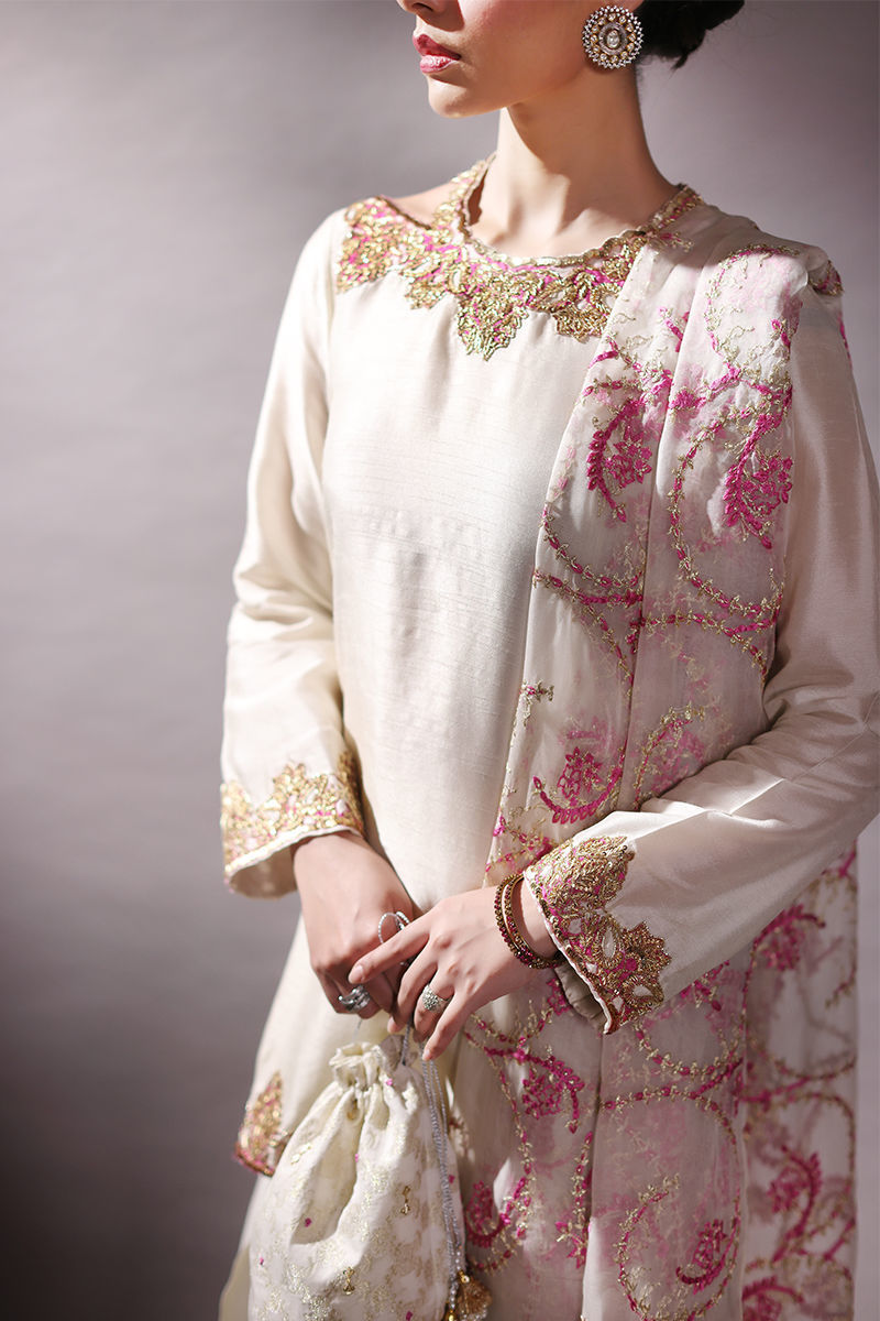 Pakistani Ivory Hand-Embellished Korean Raw Silk Sharara (3-Piece) - Image 5
