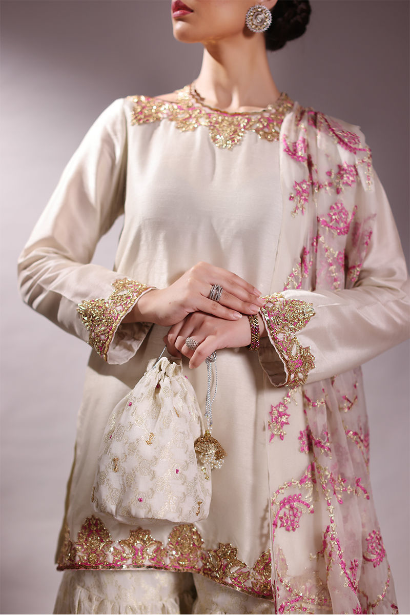 Pakistani Ivory Hand-Embellished Korean Raw Silk Sharara (3-Piece) - Image 6