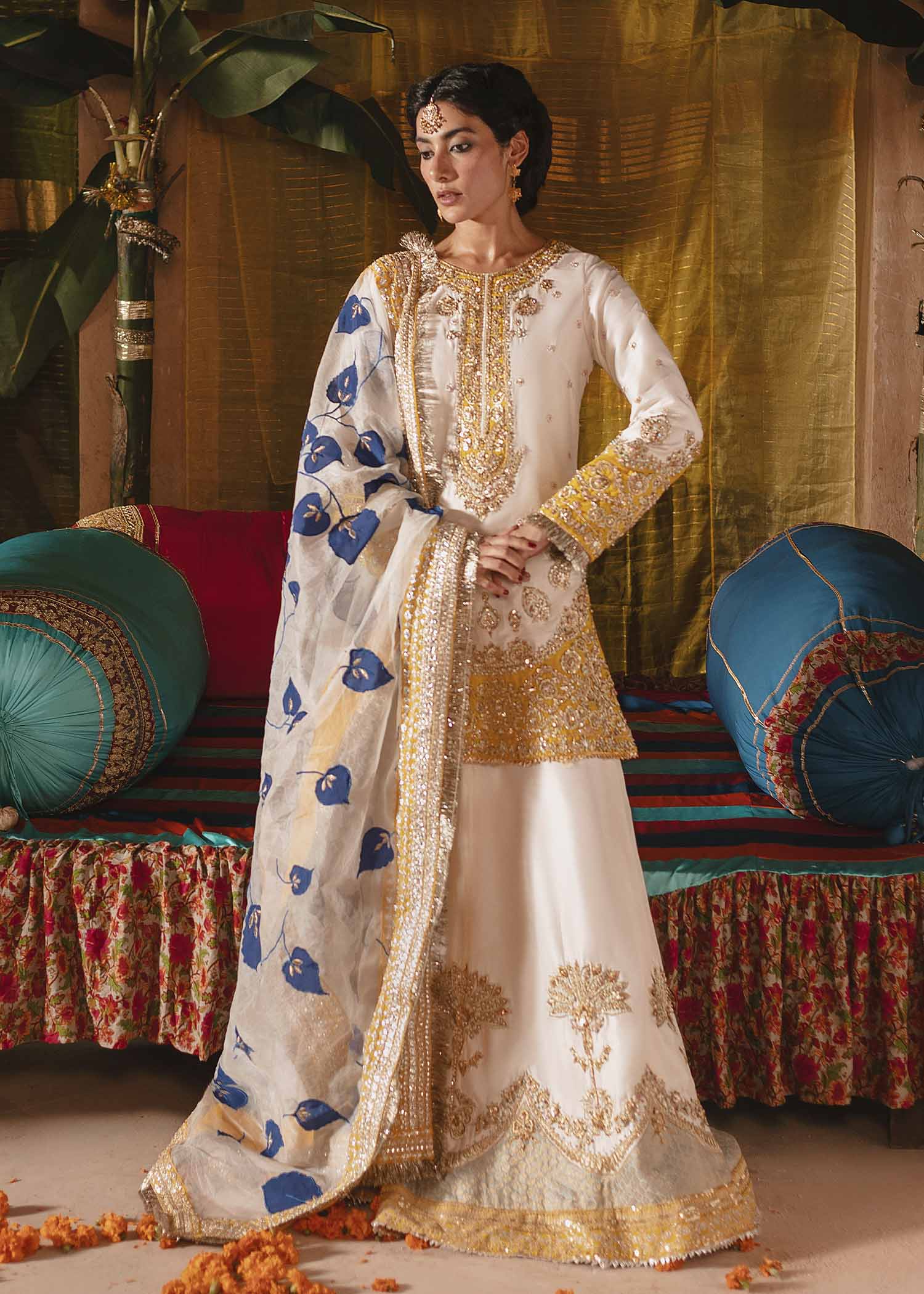 Ivory Gold Embroidered Raw Silk Sharara (3-Piece) - Image 1