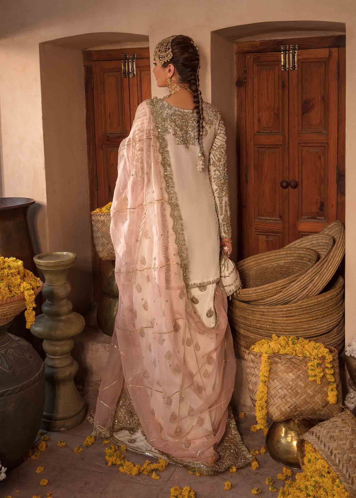 Pakistani Off-White Hand-Embellished Silk Velvet Sharara (3-Piece) - Image 4