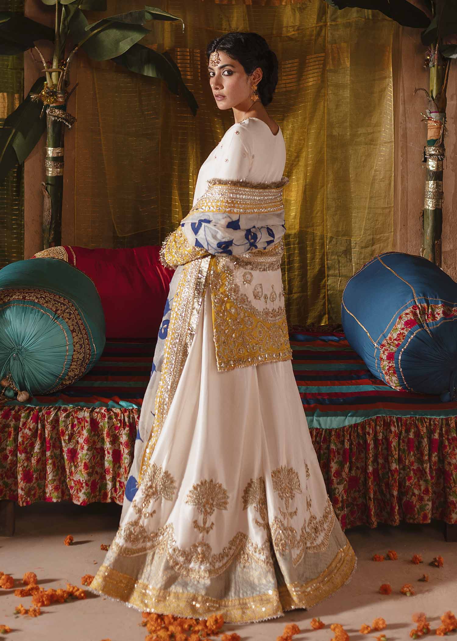 Indian Ivory Gold Embroidered Raw Silk Sharara (3-Piece) - Image 2