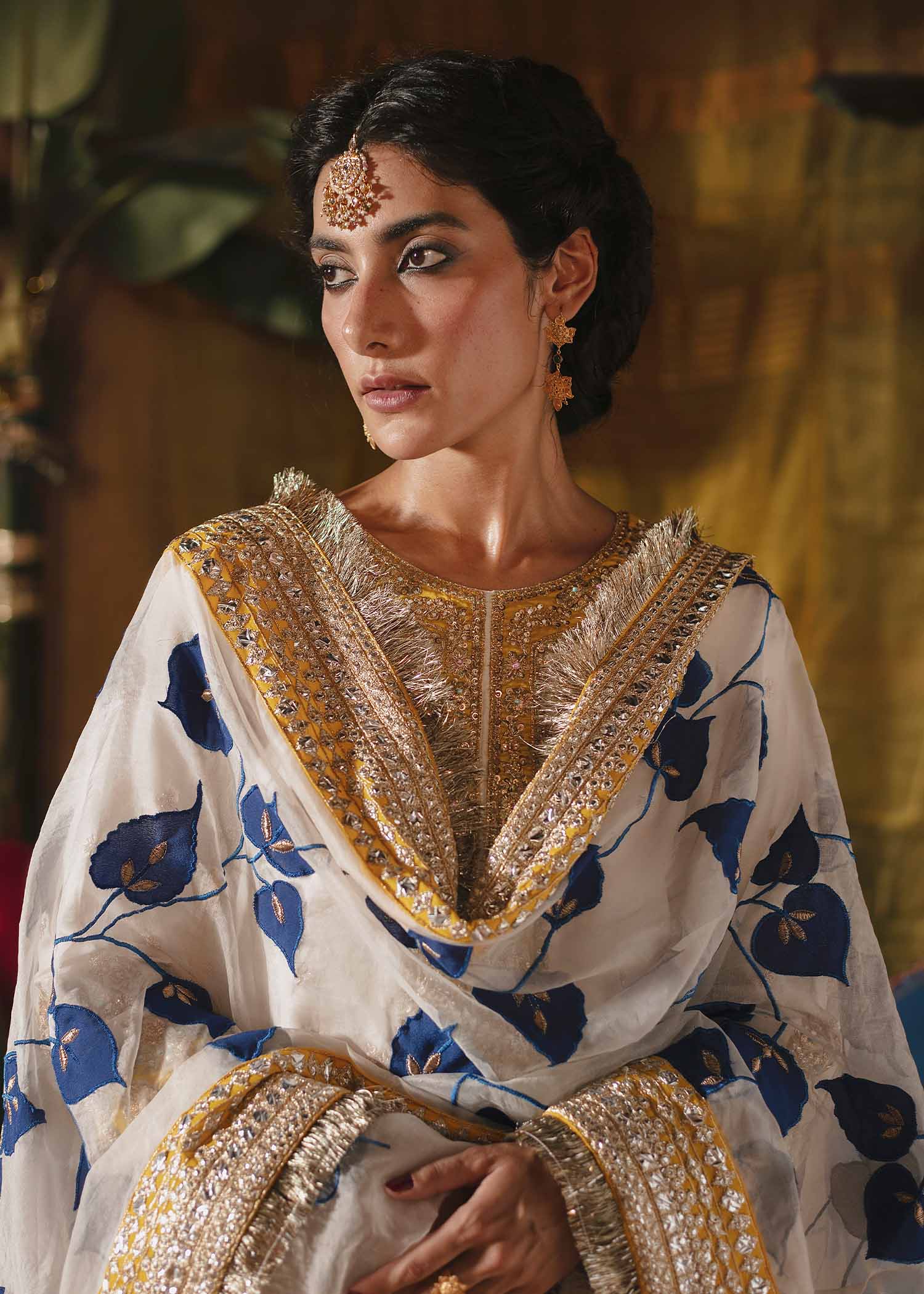 Indian Ivory Gold Embroidered Raw Silk Sharara (3-Piece) - Image 3