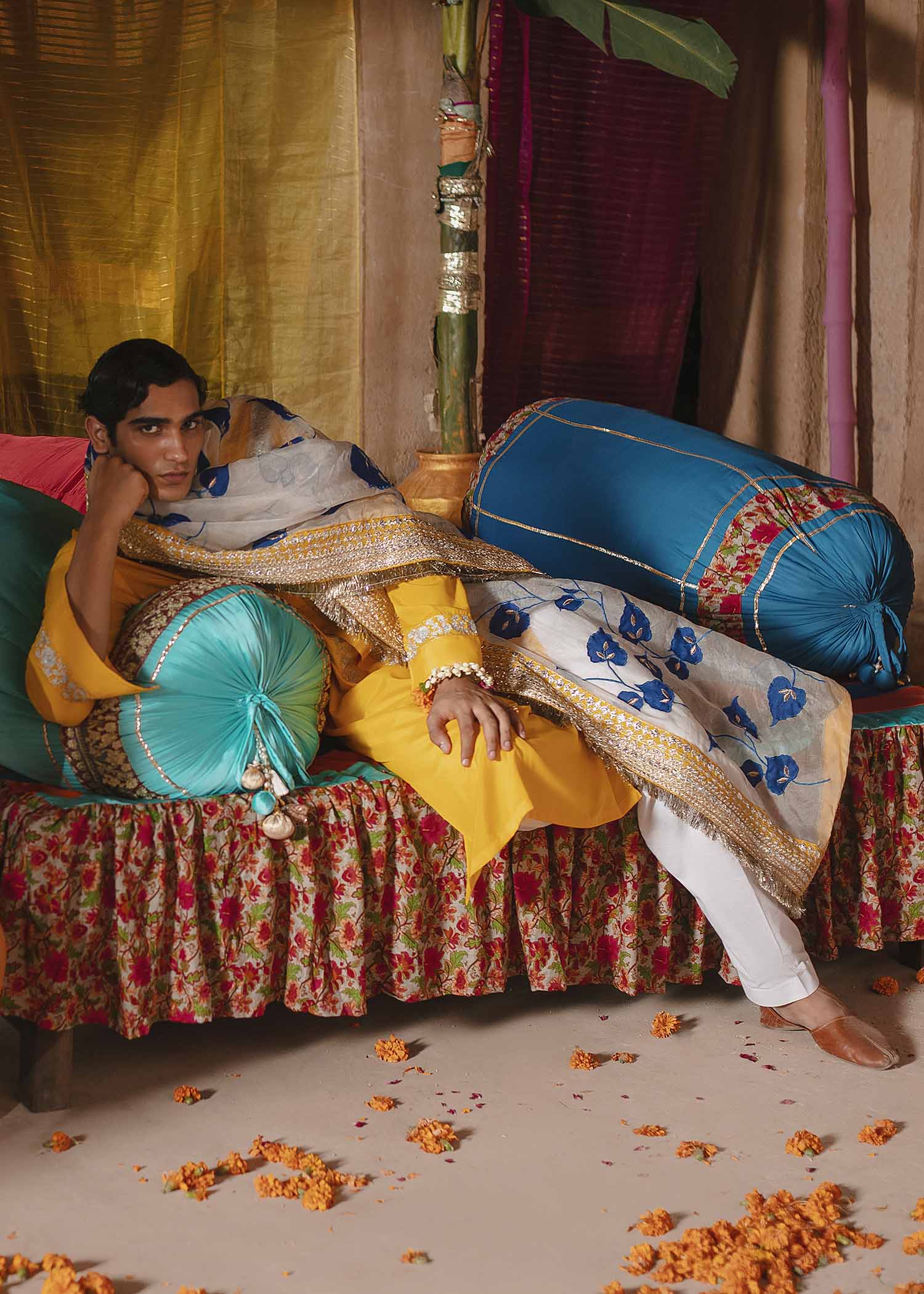 Indian Ivory Gold Embroidered Raw Silk Sharara (3-Piece) - Image 4