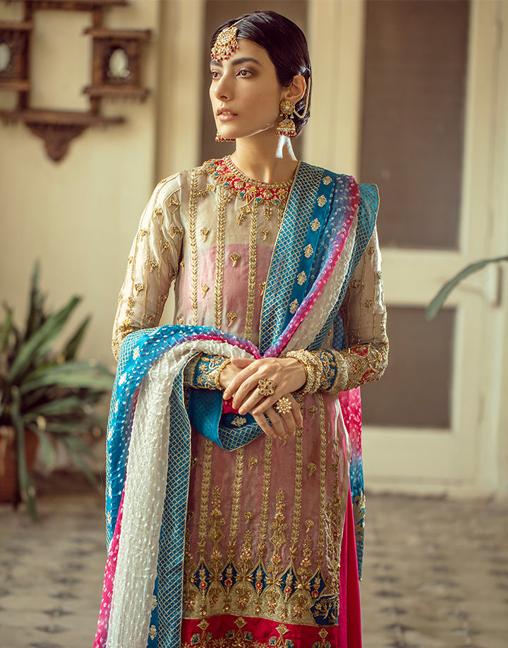 Ivory Handworked Tissue Shirt & Fuchsia Silk Sharara (3-Piece) - Image 4