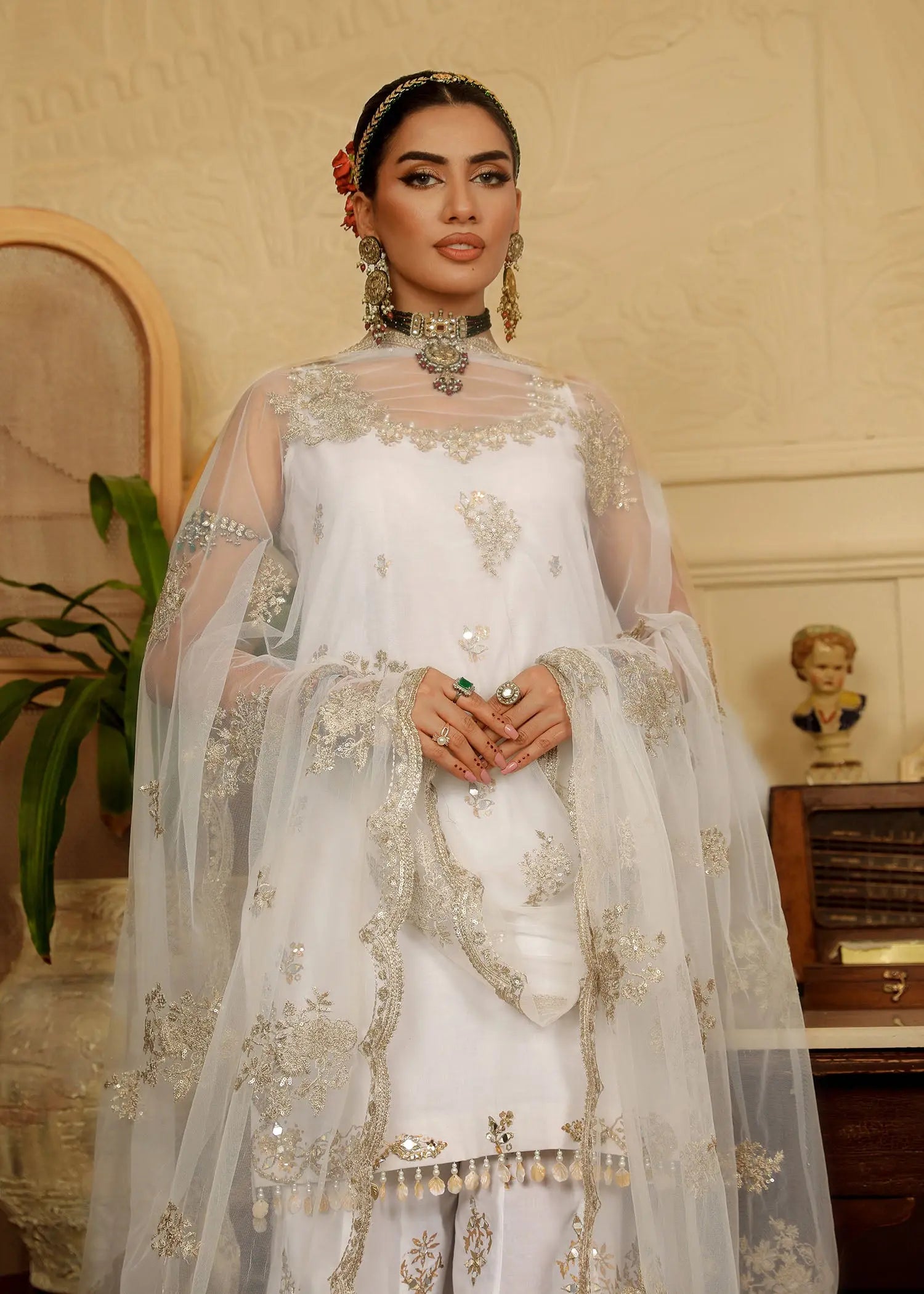 Ivory Mirror-Gota Raw Silk Sharara Set (3-Piece) - Image 11