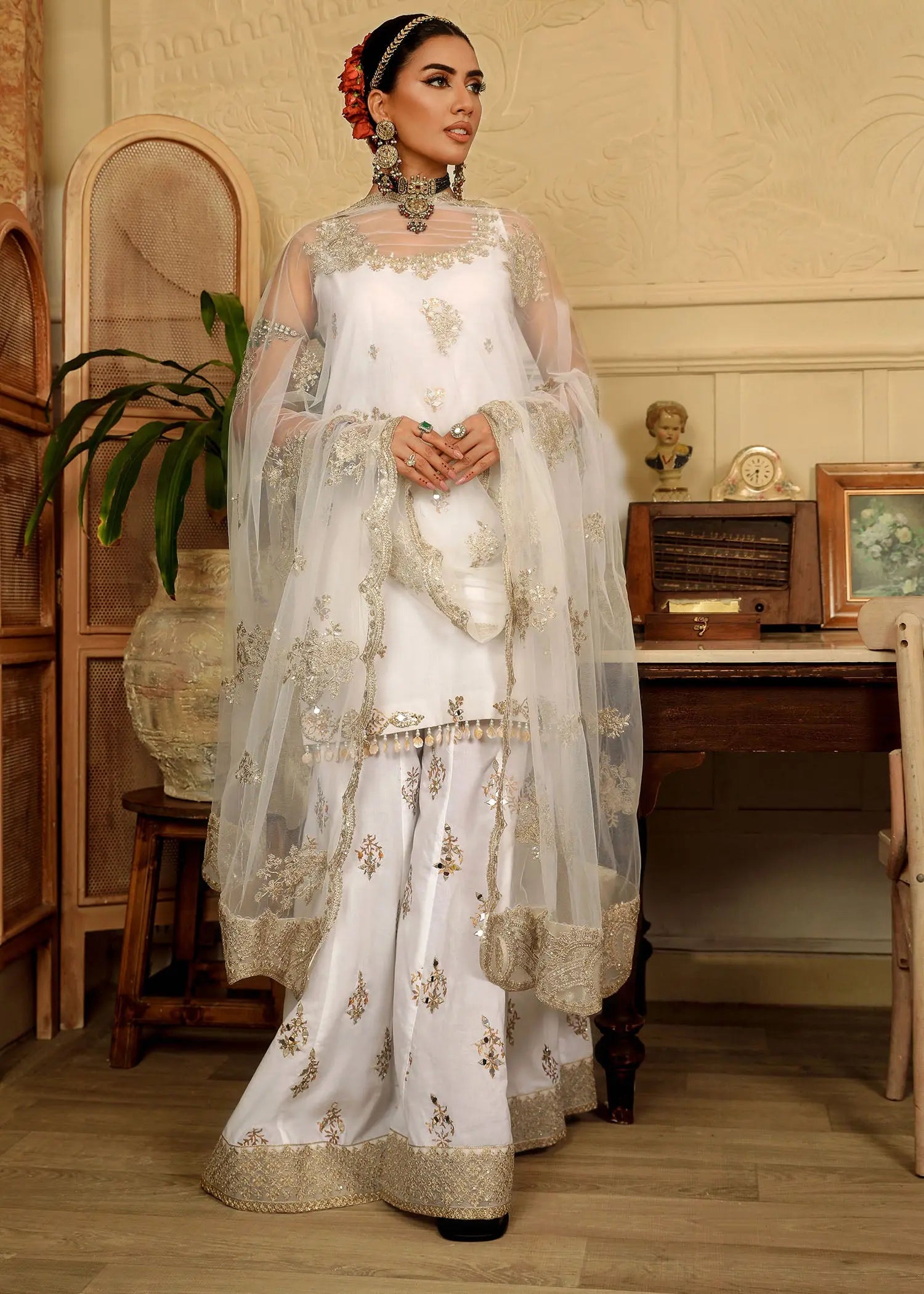 Ivory Mirror-Gota Raw Silk Sharara Set (3-Piece) - Image 12