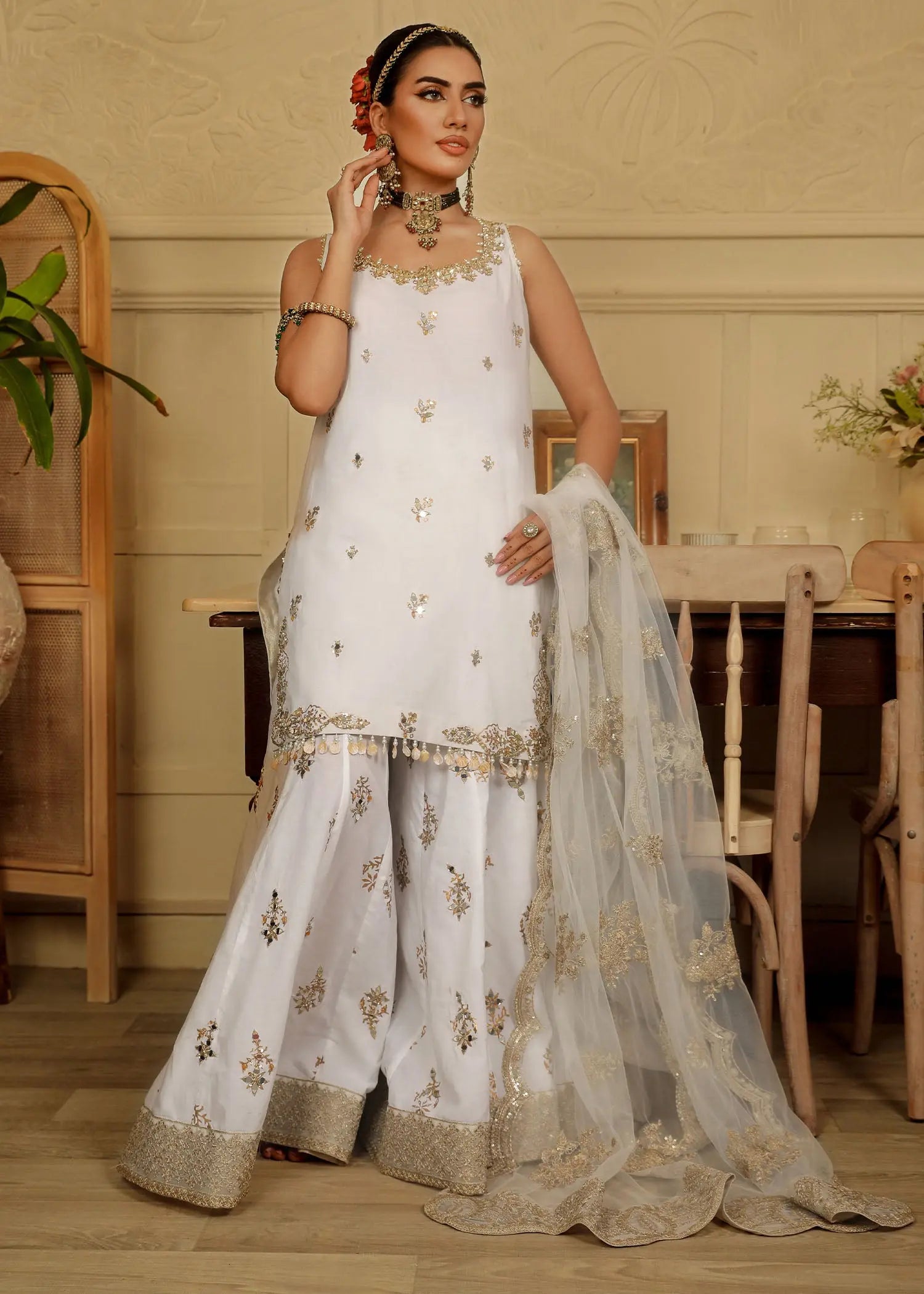 Ivory Mirror-Gota Raw Silk Sharara Set (3-Piece) - Image 5