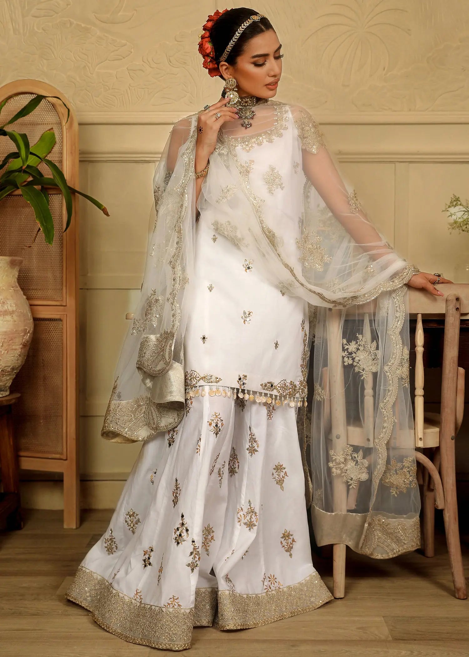 Ivory Mirror-Gota Raw Silk Sharara Set (3-Piece) - Image 8