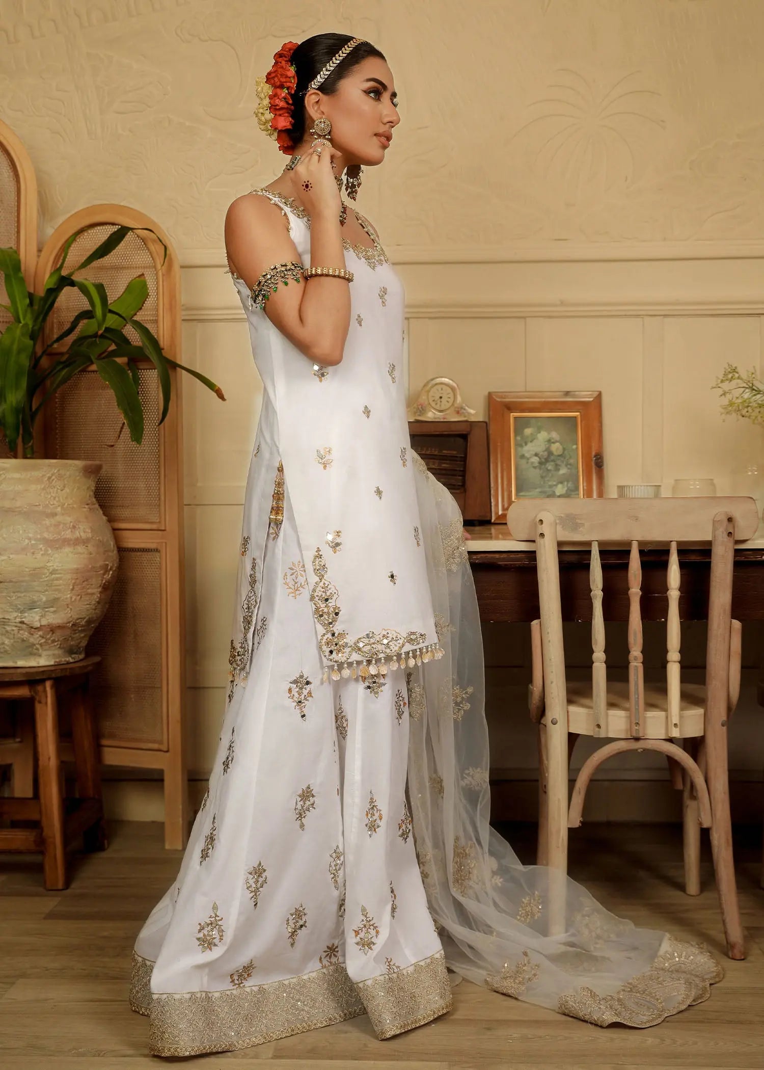 Ivory Mirror-Gota Raw Silk Sharara Set (3-Piece) - Image 9