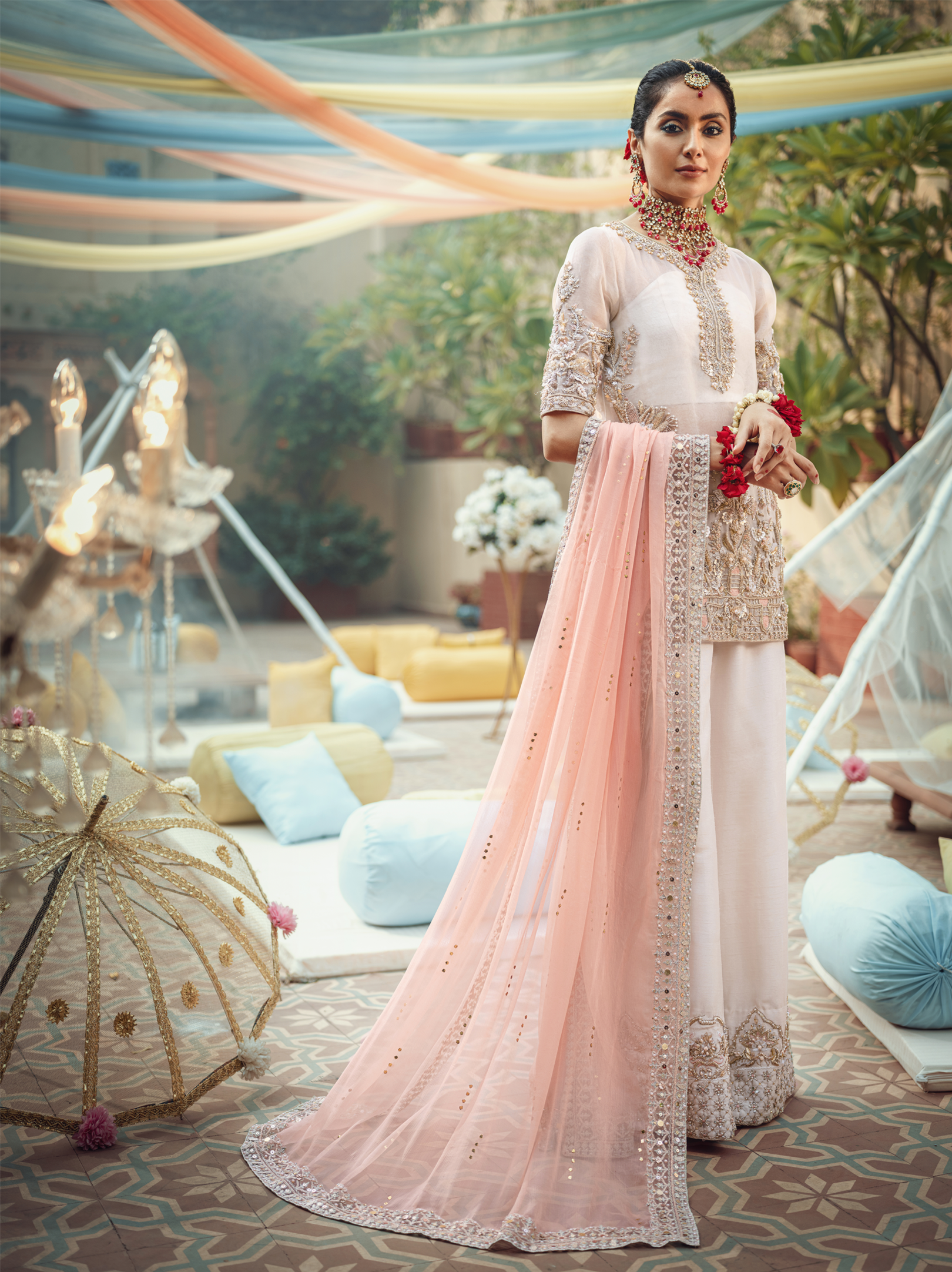 Off-White Embroidered Katan Organza Sharara (3-Piece) - Image 2