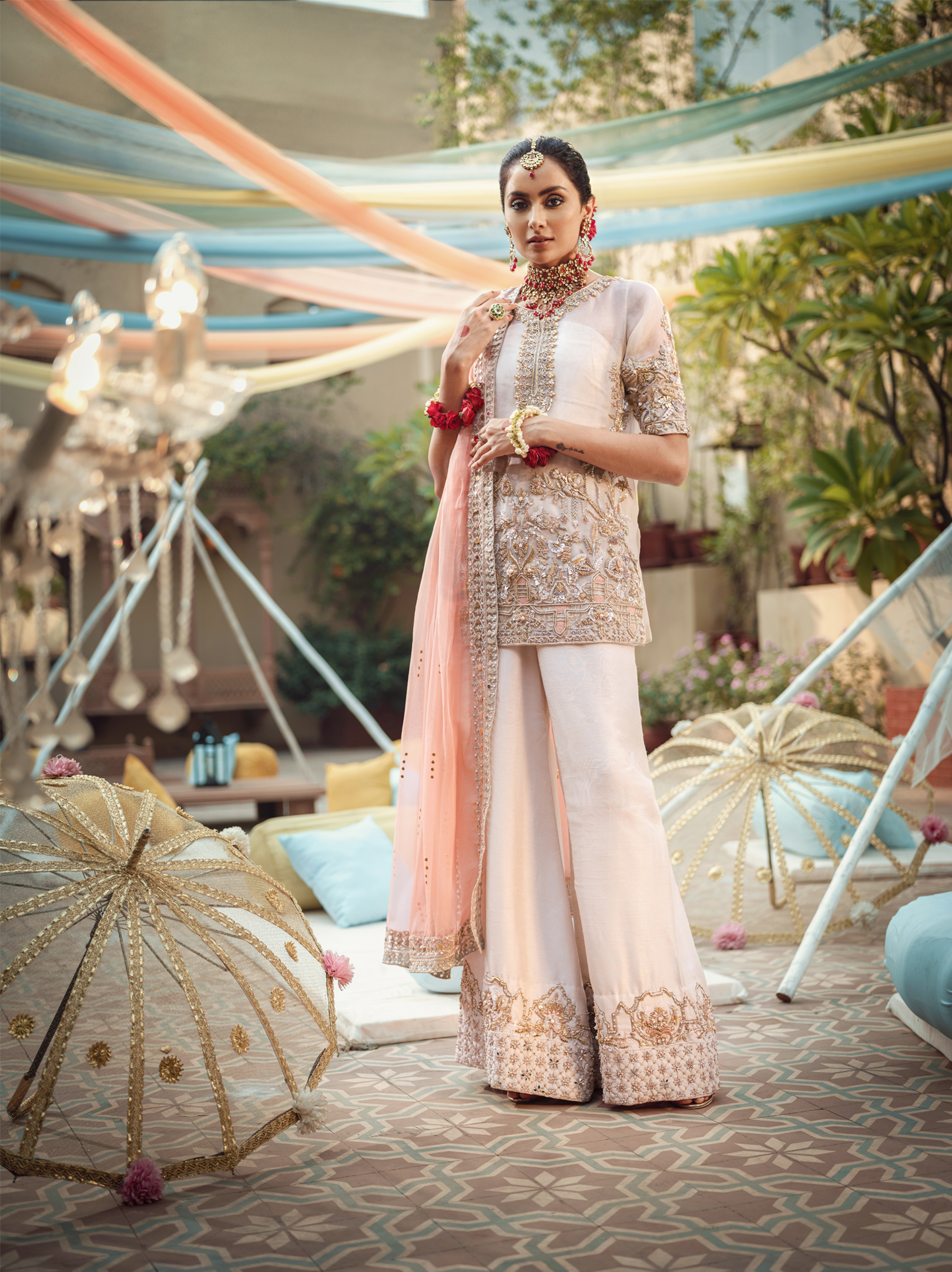 Pakistani Off-White Embroidered Katan Organza Sharara (3-Piece) - Image 1