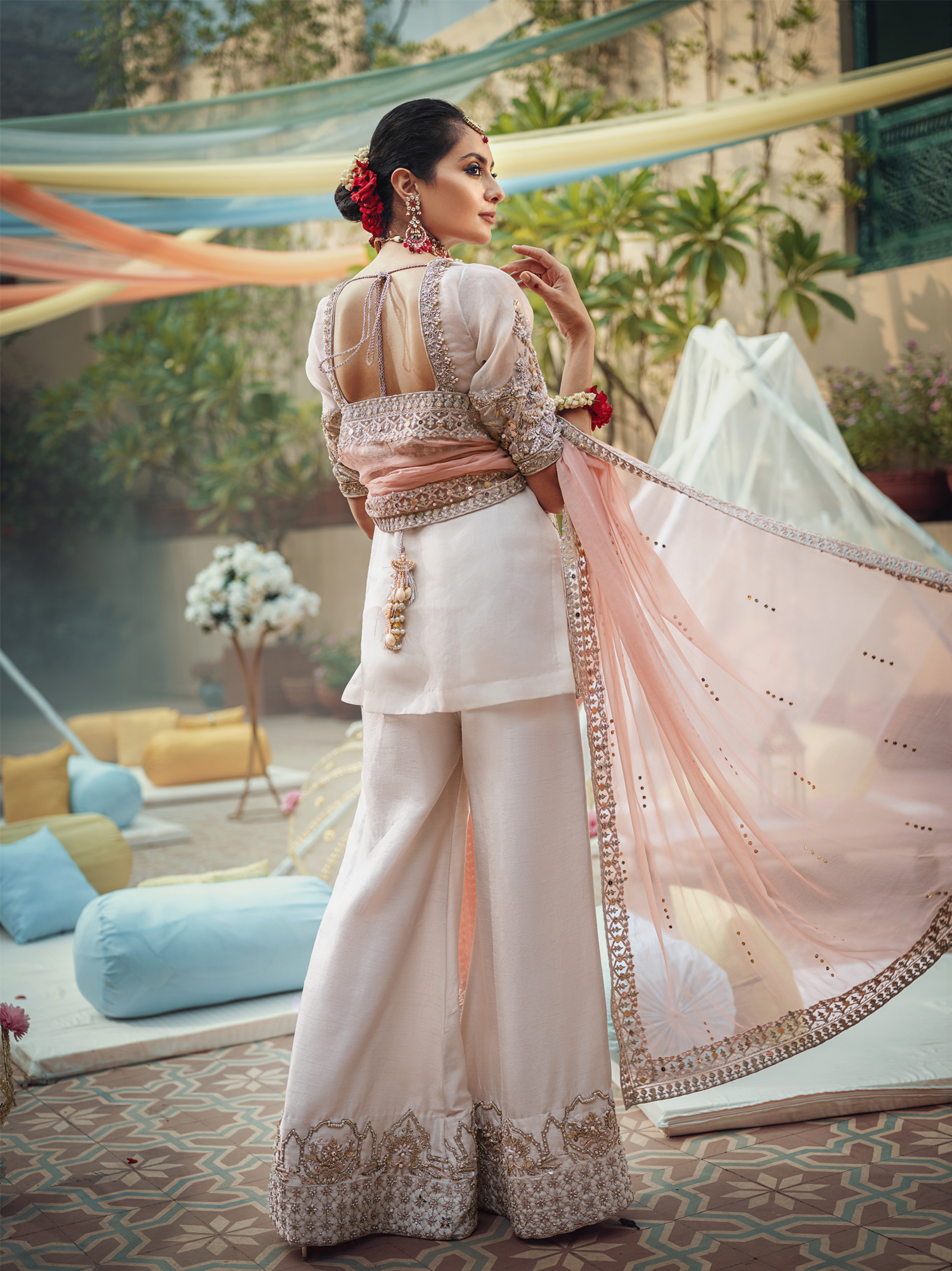 Pakistani Off-White Embroidered Katan Organza Sharara (3-Piece) - Image 3