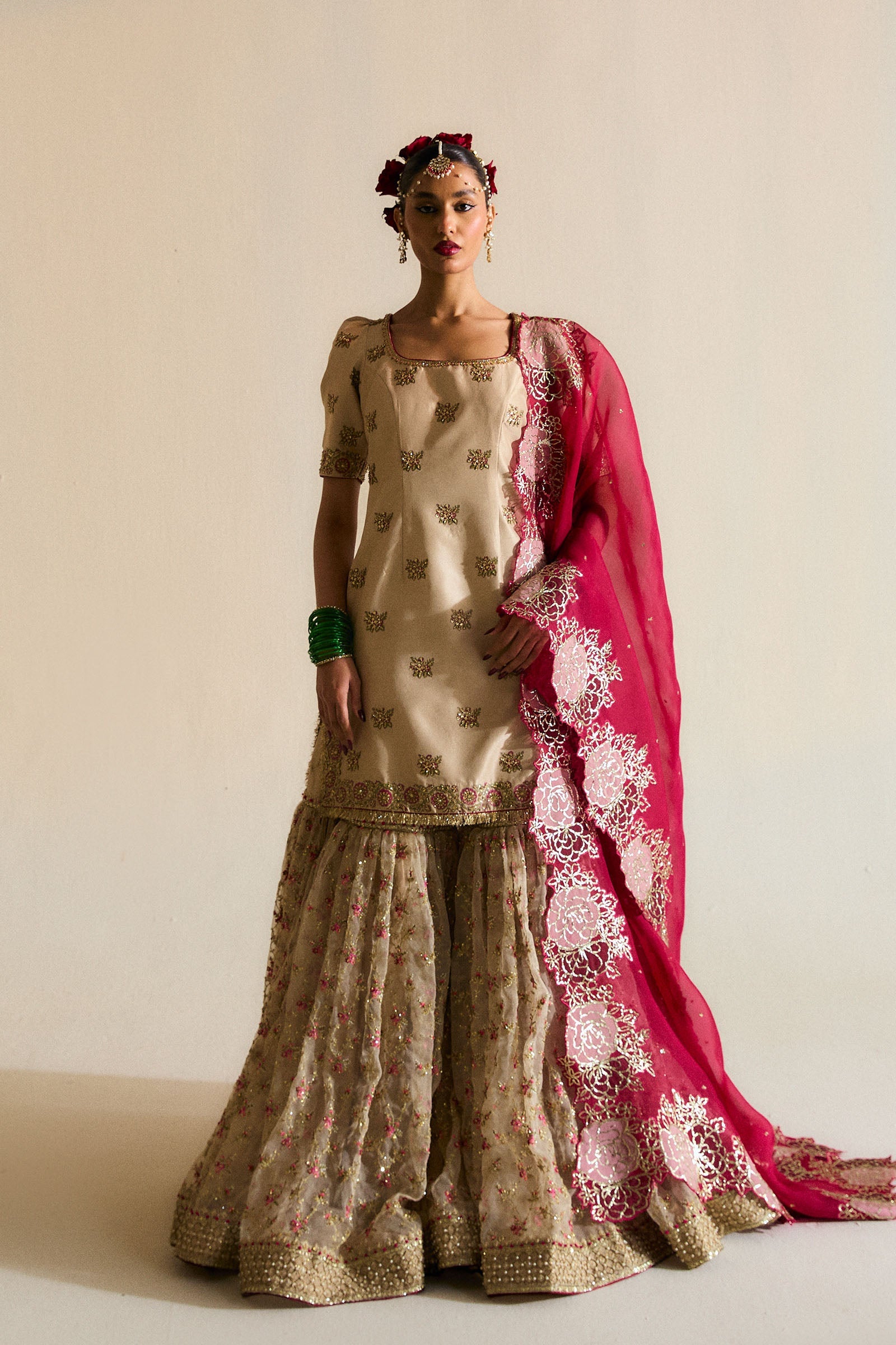 Ivory Naqshi Pitta Raw Silk Sharara (3-Piece) - Image 1