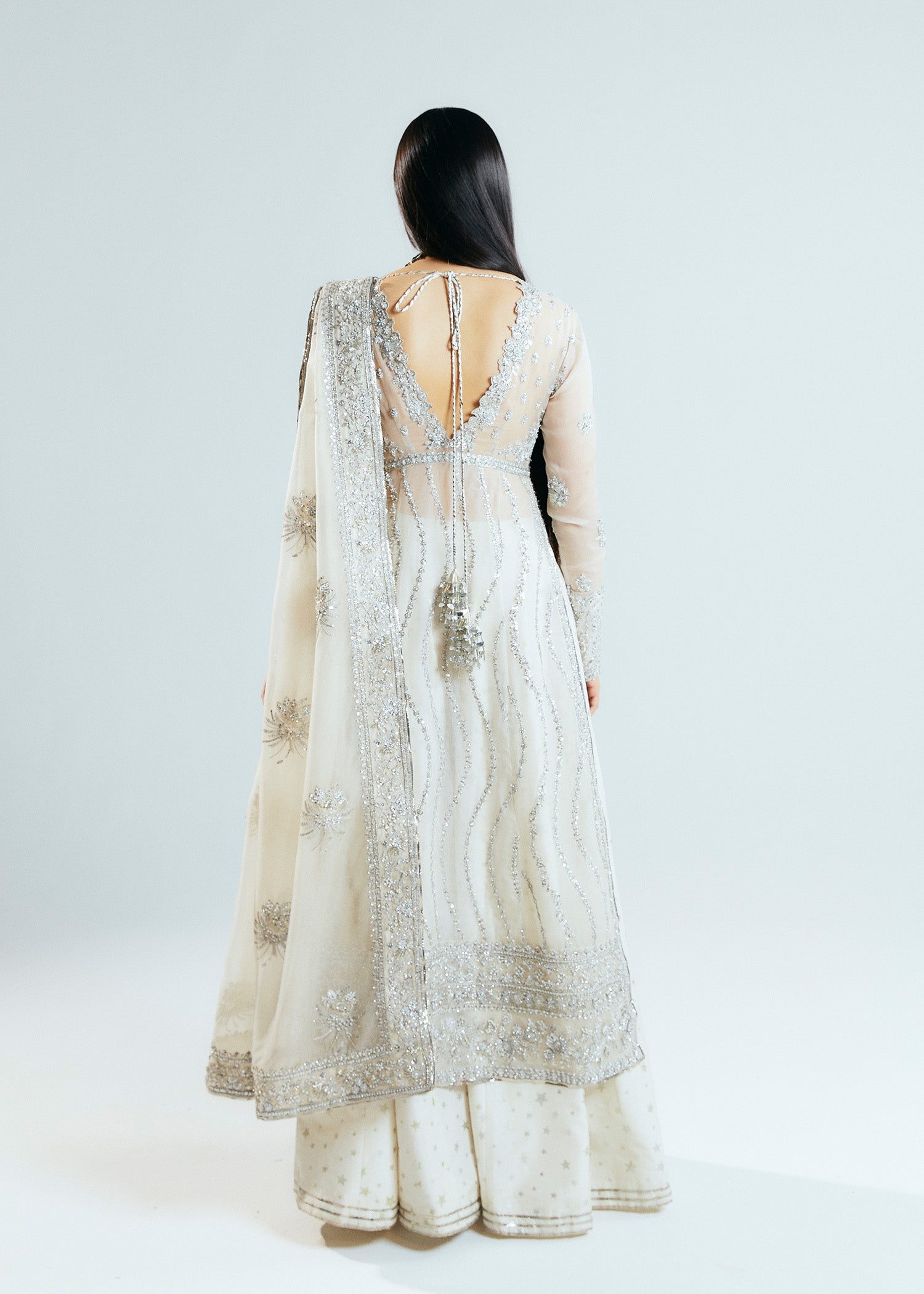 Pakistani Ivory Embellished Korean Raw Silk Sharara (3-Piece) - Image 5