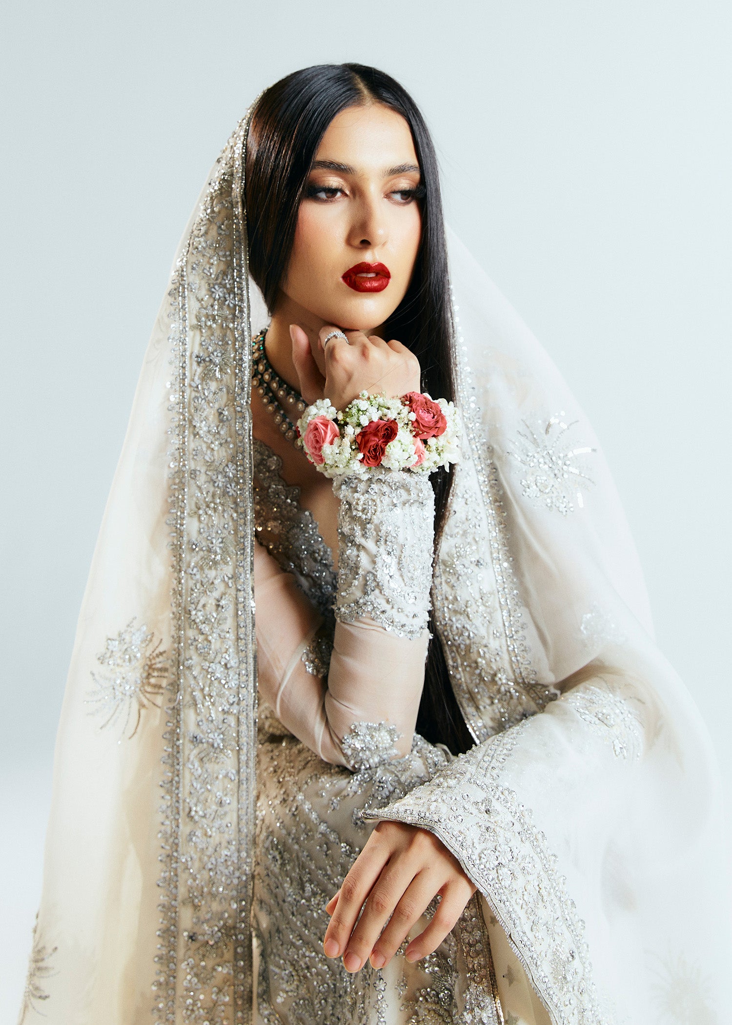 Pakistani Ivory Embellished Korean Raw Silk Sharara (3-Piece) - Image 6