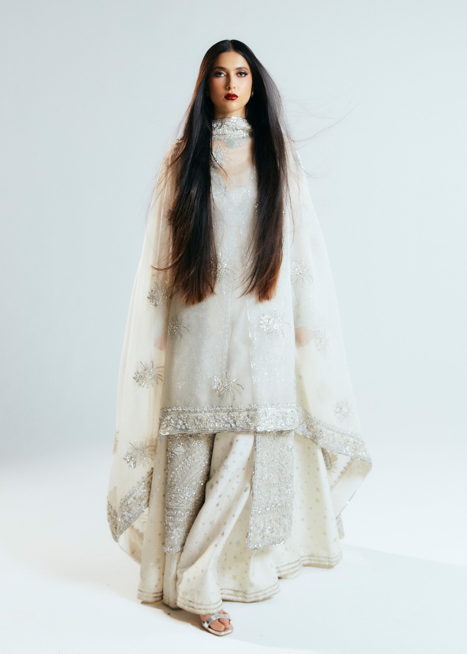 Pakistani Ivory Embellished Korean Raw Silk Sharara (3-Piece) - Image 9