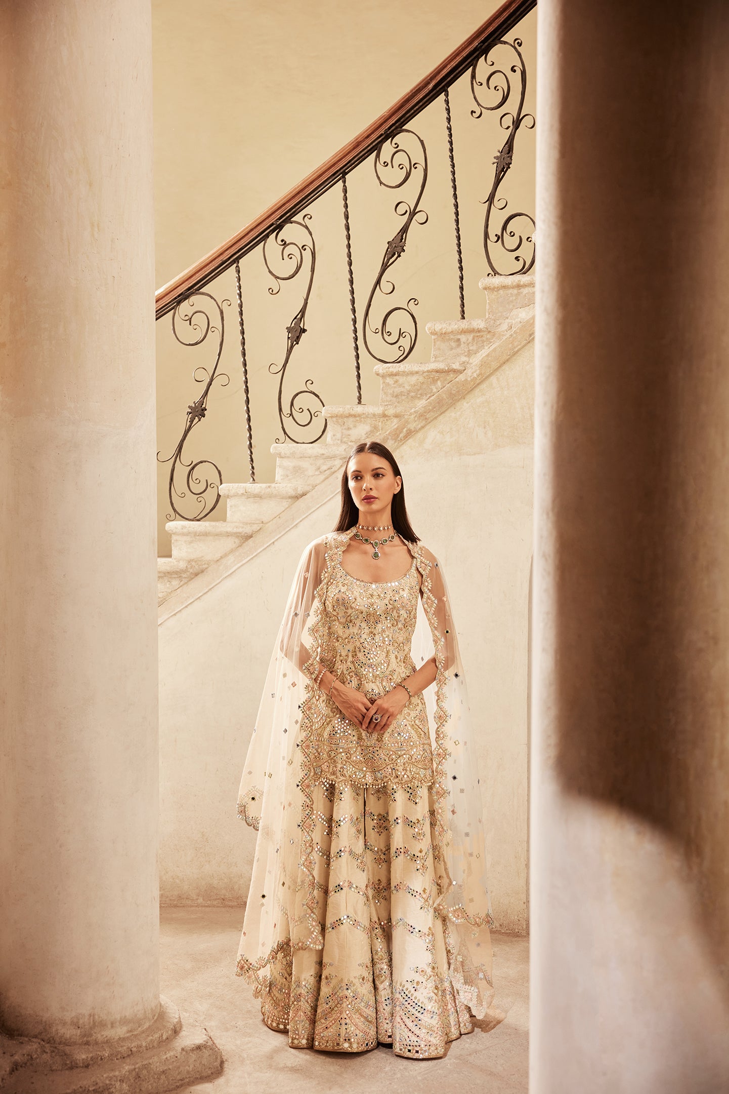 Ivory Zardosi Mirror Raw Silk Sharara (3-Piece) - Image 1