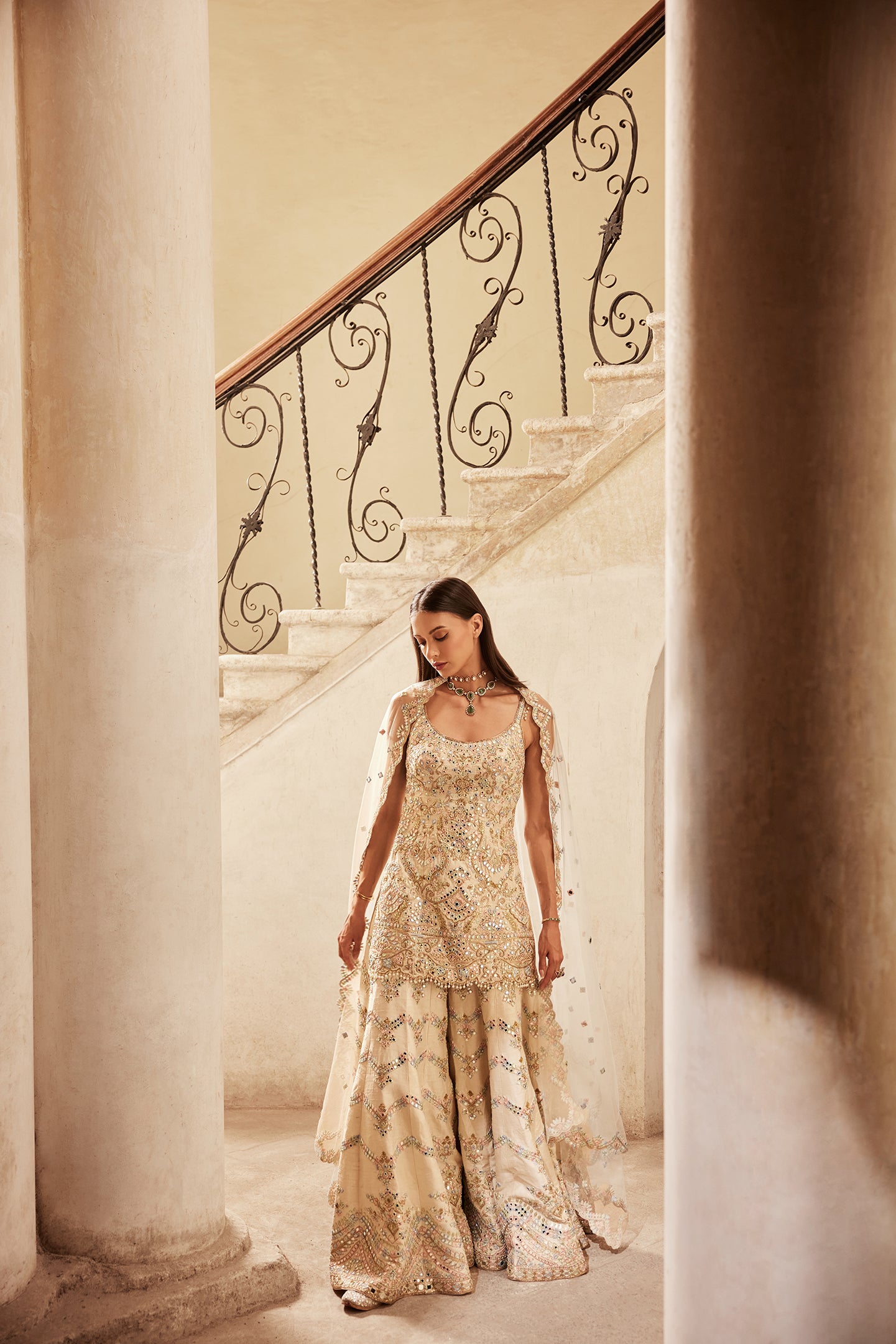 Ivory Zardosi Mirror Raw Silk Sharara (3-Piece) - Image 2