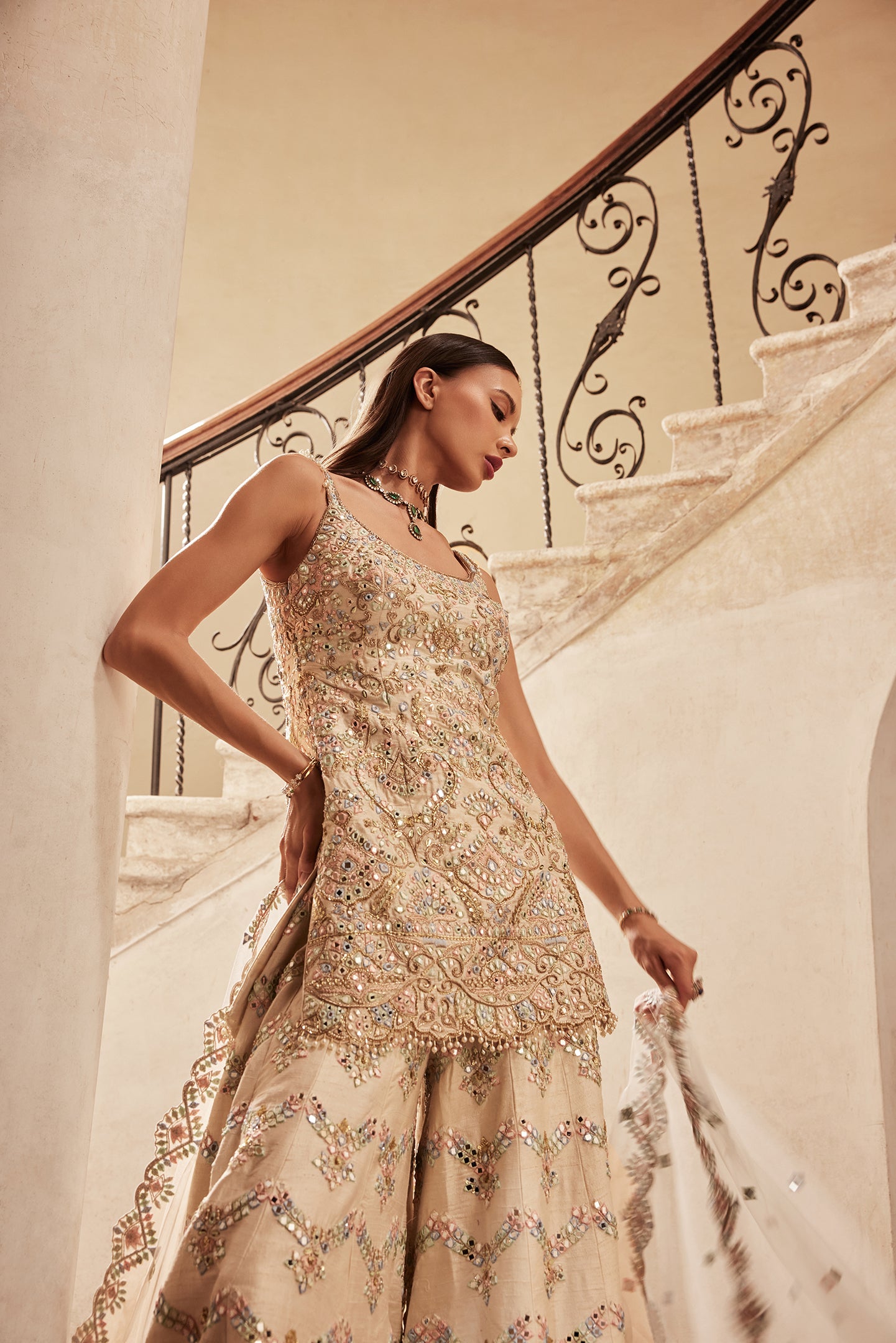 Ivory Zardosi Mirror Raw Silk Sharara (3-Piece) - Image 4