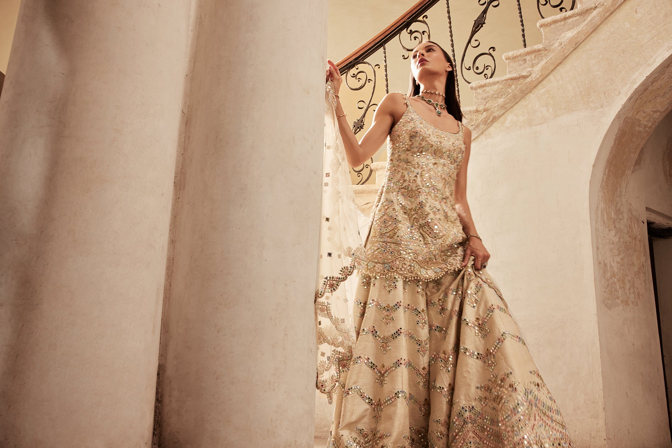 Ivory Zardosi Mirror Raw Silk Sharara (3-Piece) - Image 7