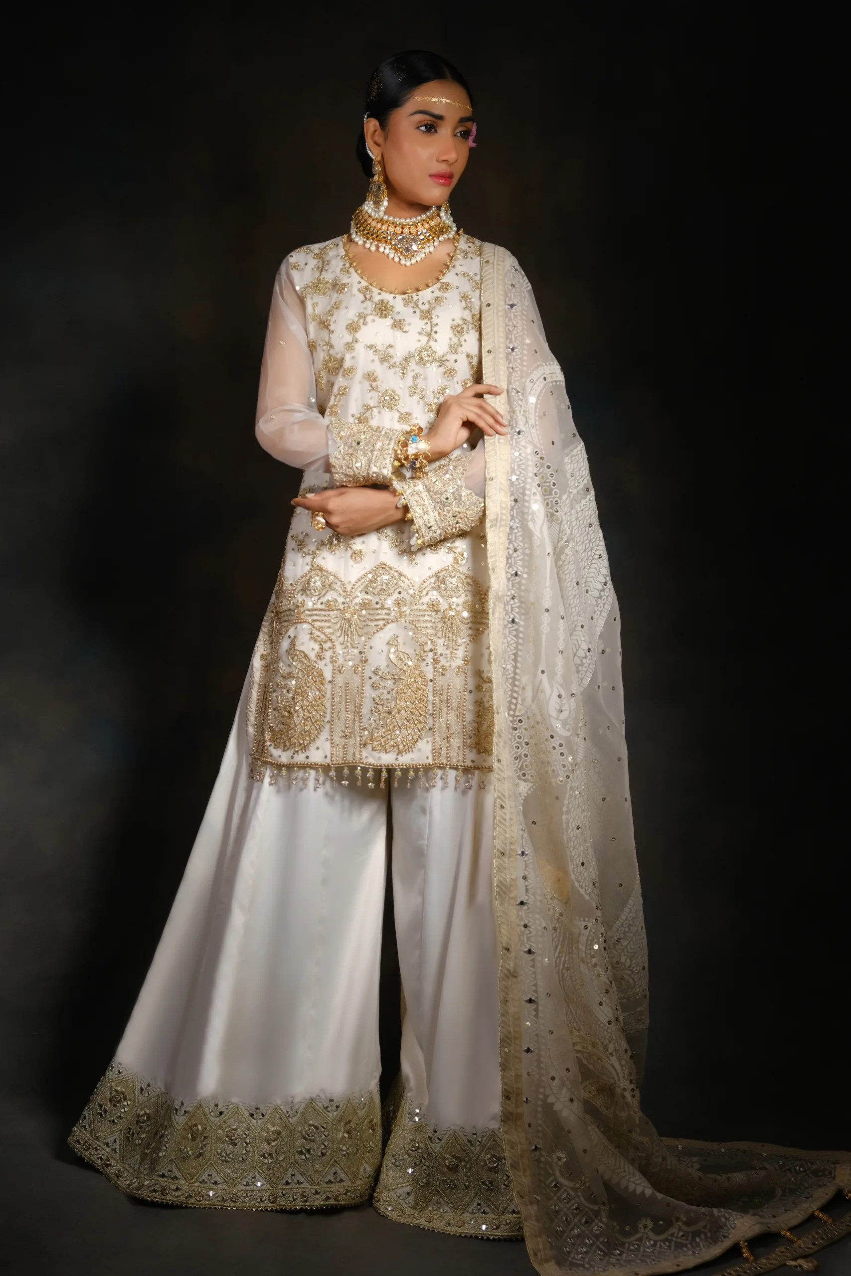 Pakistani Off-White Zari Embroidered Raw Silk Sharara (3-Piece) - Image 1