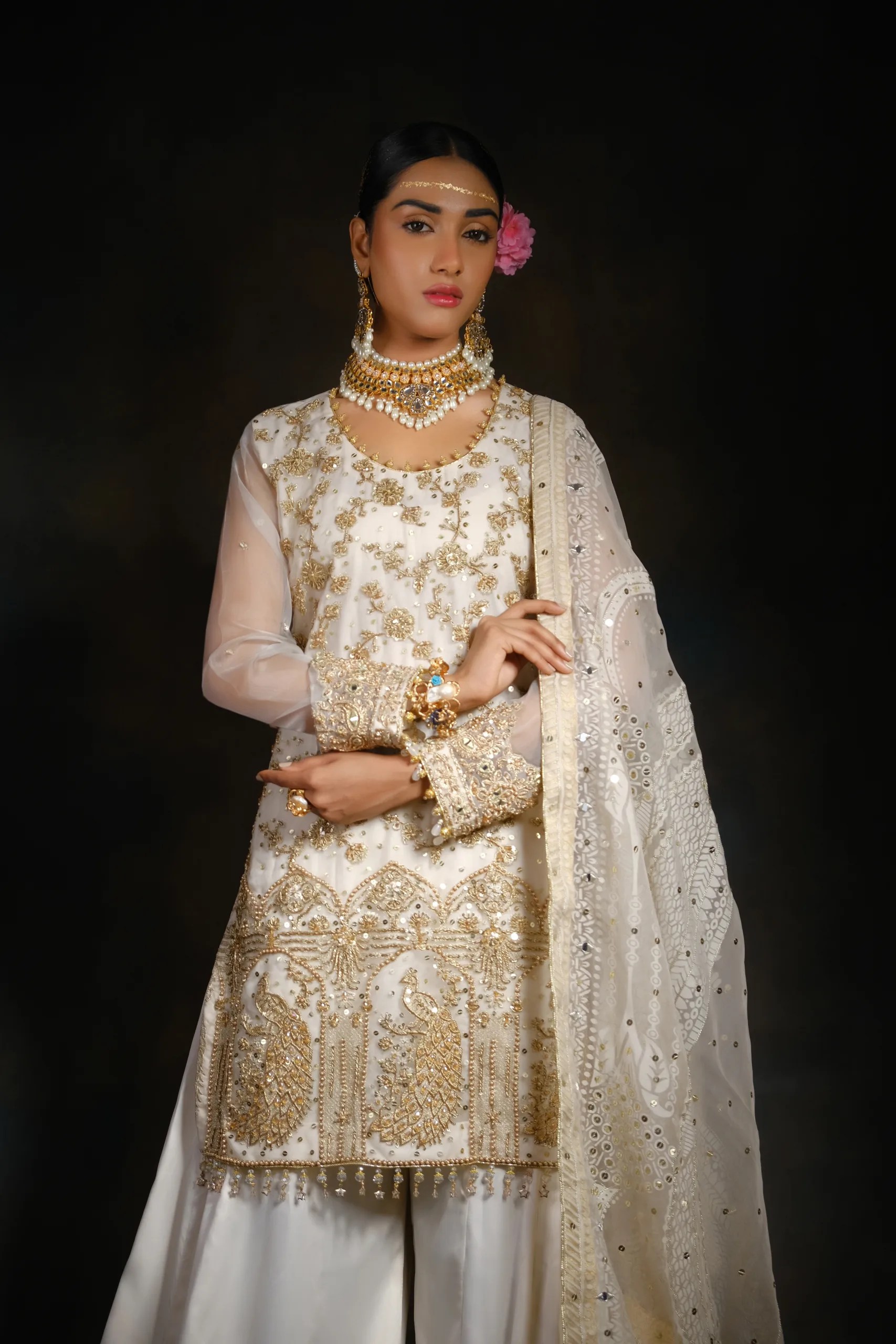 Pakistani Off-White Zari Embroidered Raw Silk Sharara (3-Piece) - Image 2