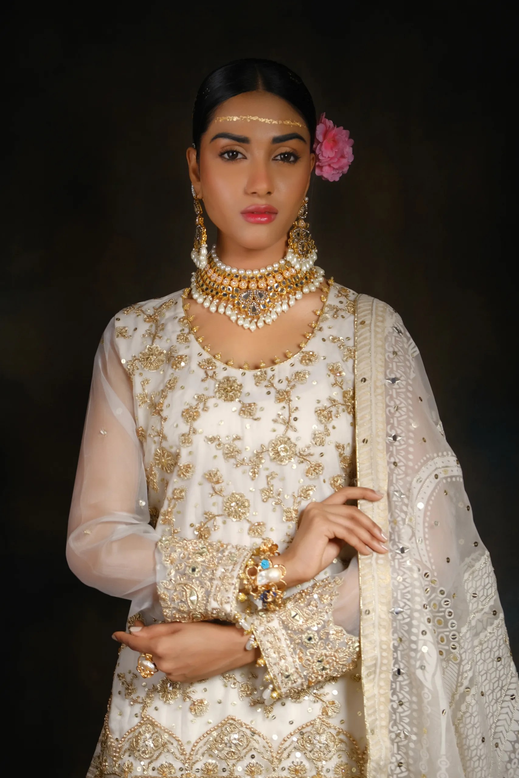 Pakistani Off-White Zari Embroidered Raw Silk Sharara (3-Piece) - Image 3