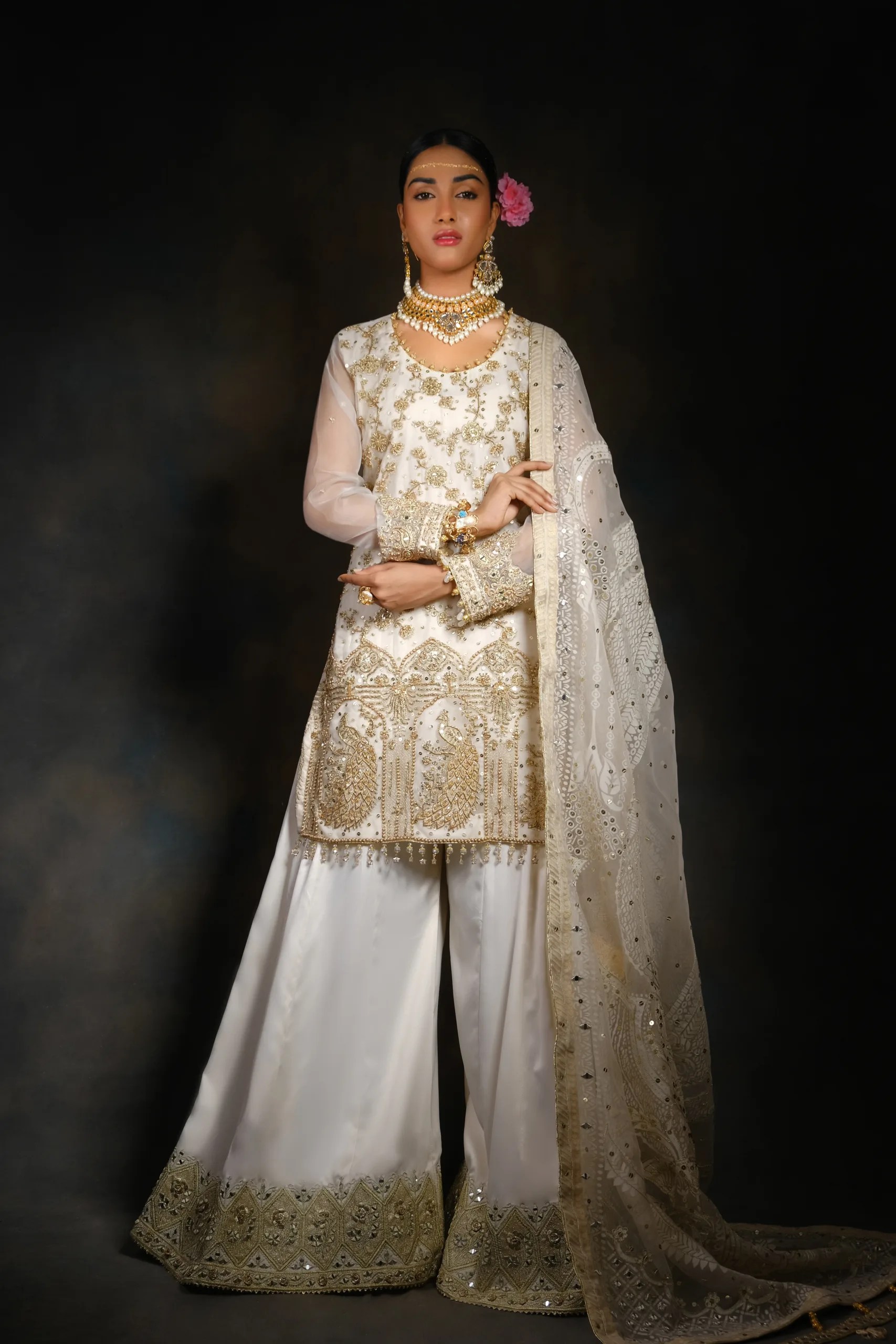 Pakistani Off-White Zari Embroidered Raw Silk Sharara (3-Piece) - Image 4