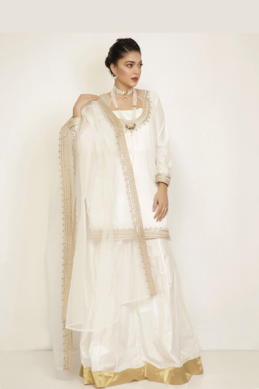Pakistani Ivory Gold Embroidered Silk Sharara Set (3-Piece) - Image 1