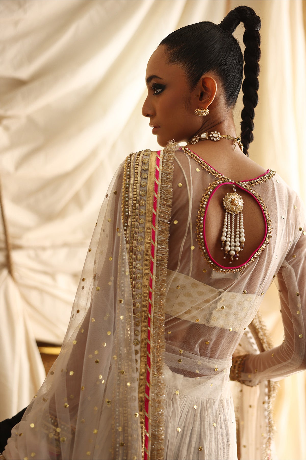 Pakistani Ivory Mukesh Net & Silk Sharara (4-Piece) - Image 1