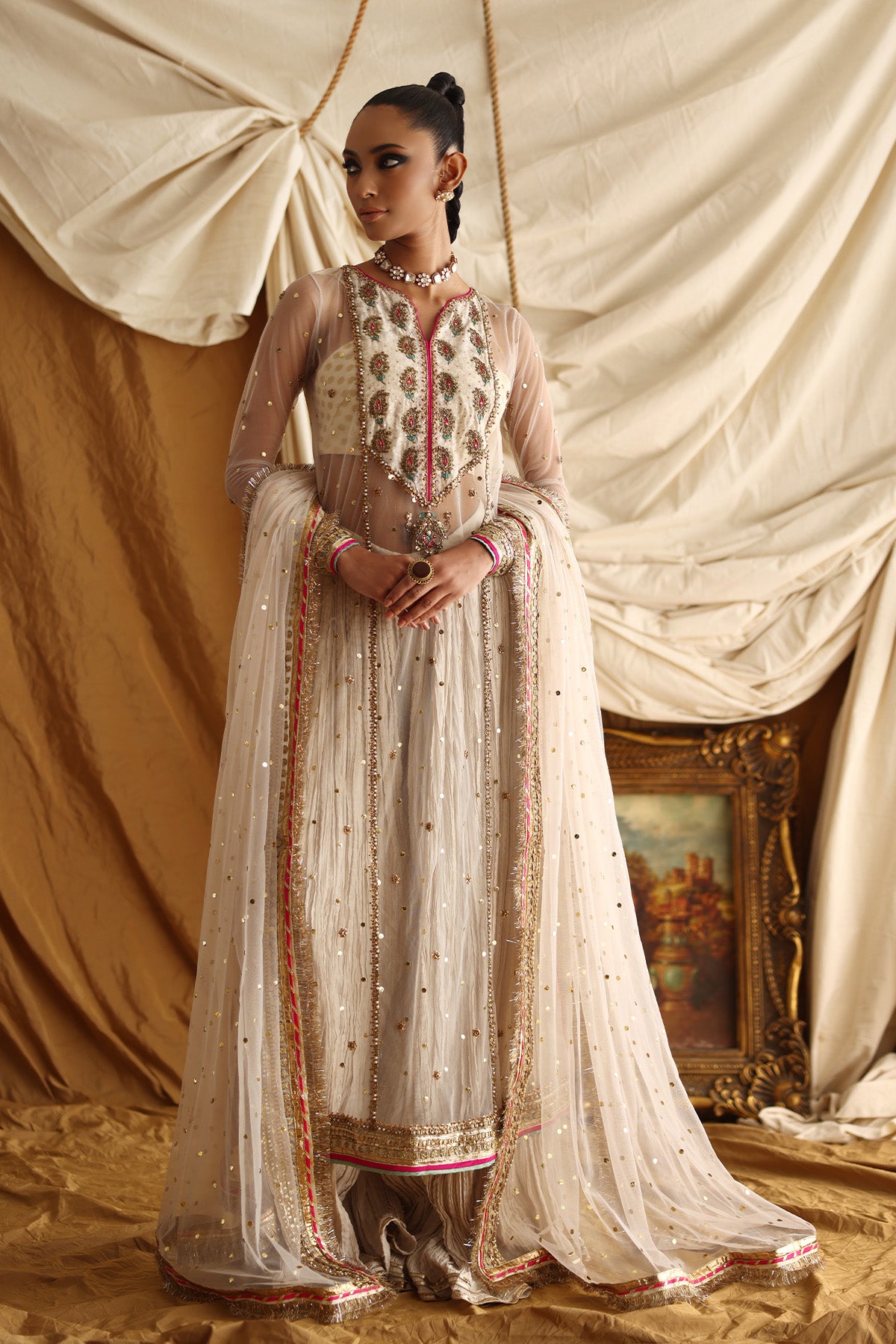 Pakistani Ivory Mukesh Net & Silk Sharara (4-Piece) - Image 2