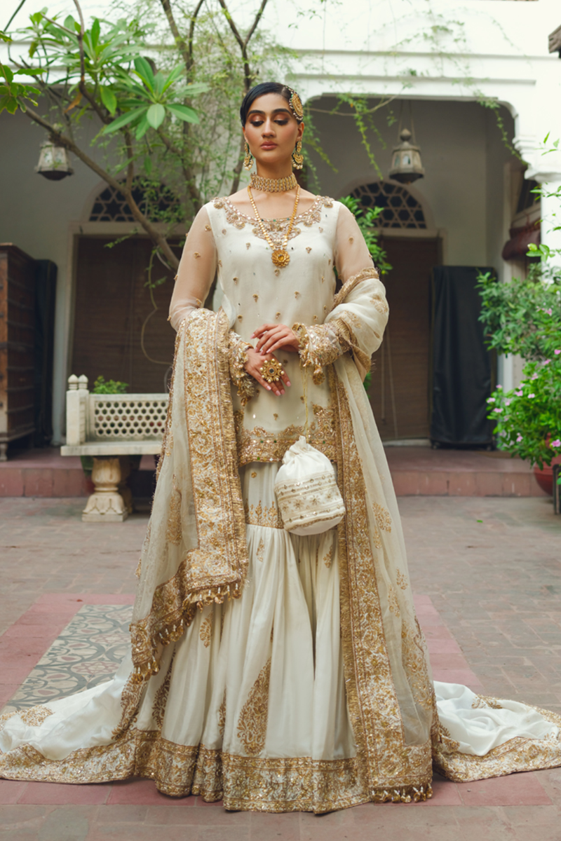 Ivory Gold Embroidered Silk Sharara (3-Piece) - Image 1